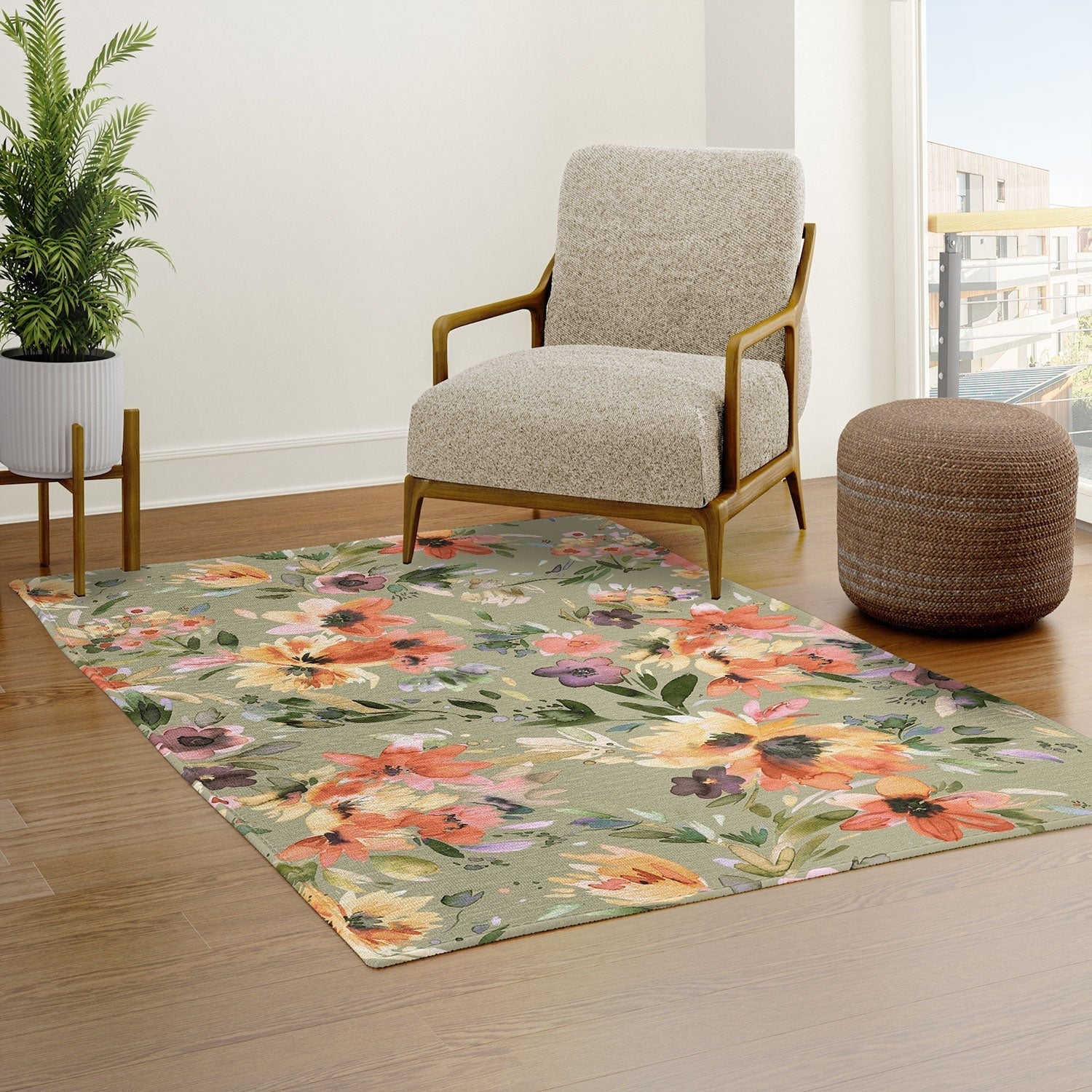 Ninola Design Botanic Retreat Painterly Tropical Flowers Sage Green Area Rug