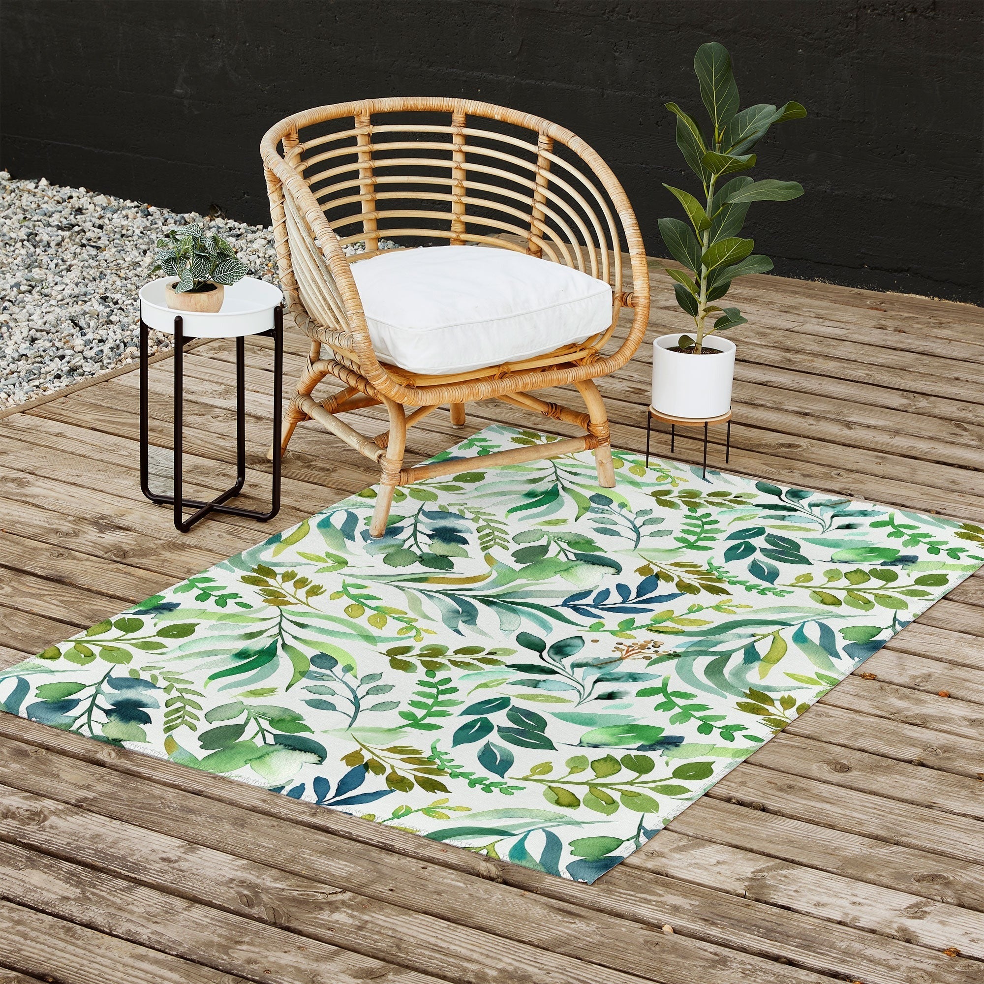 Ninola Design Botanic Retreat Loose Botanical Leaves Watercolor Green Outdoor Rug