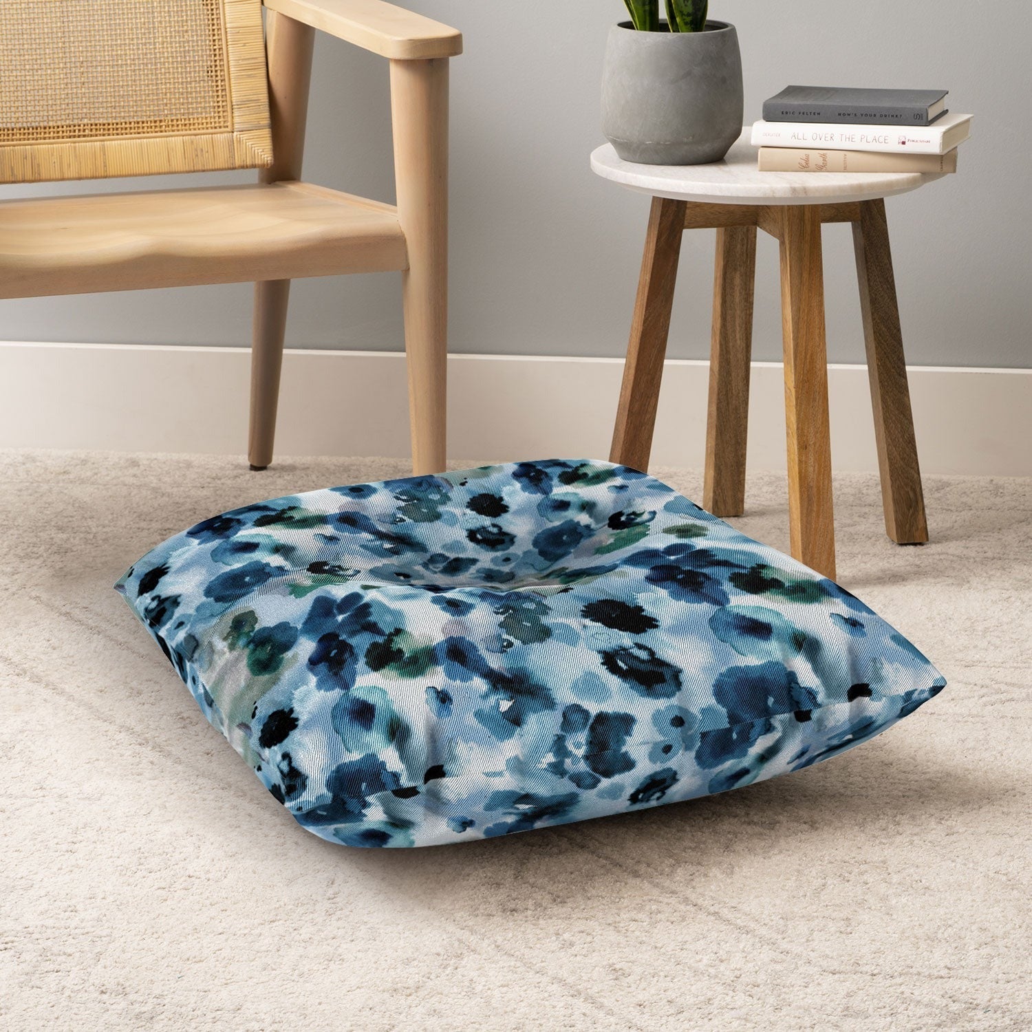 Ninola Design Botanic Retreat Ombre Abstract Watercolor Flowers Blue Navy Floor Pillow Square