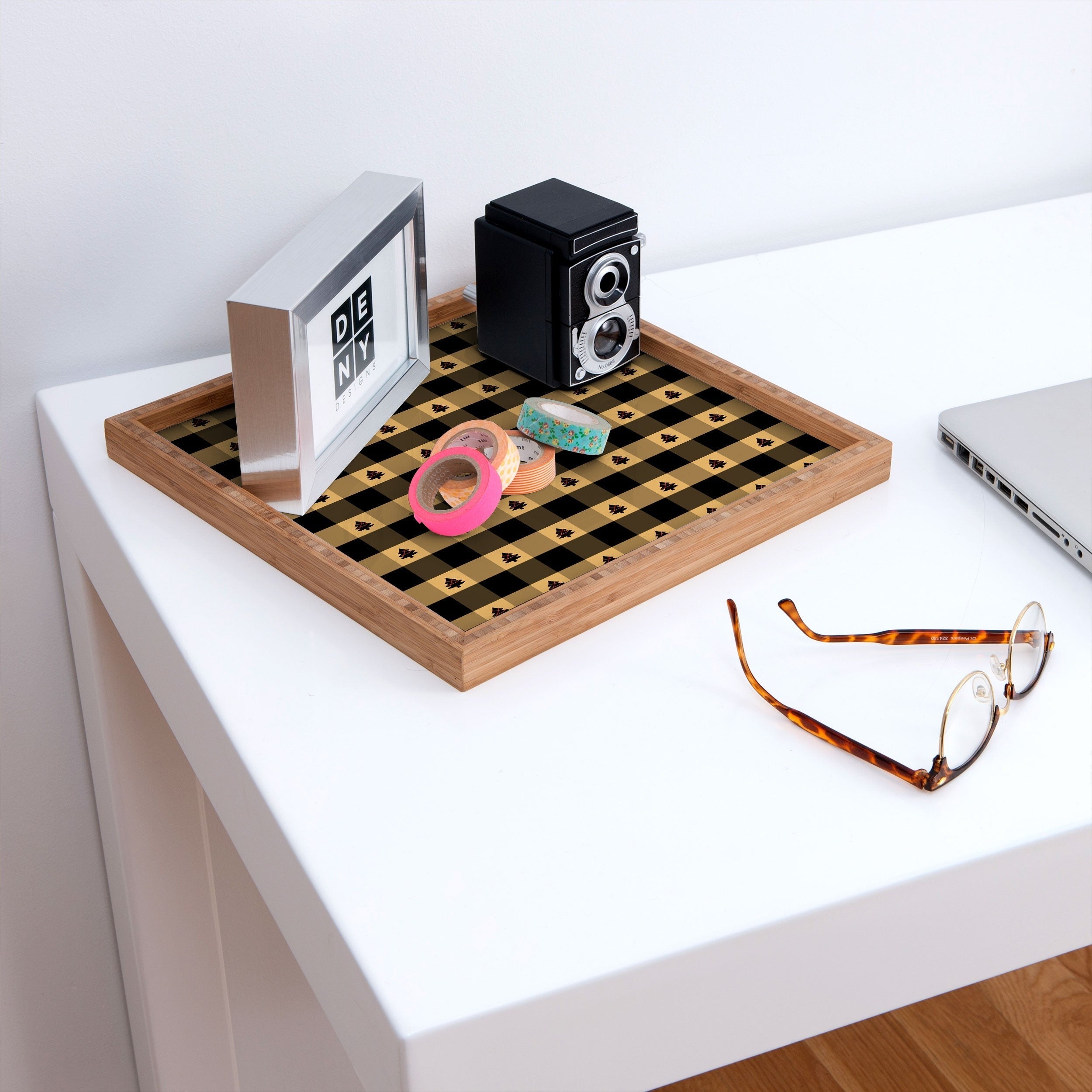 Design by Spark Black Gold Tree Tree Gingham Square Tray