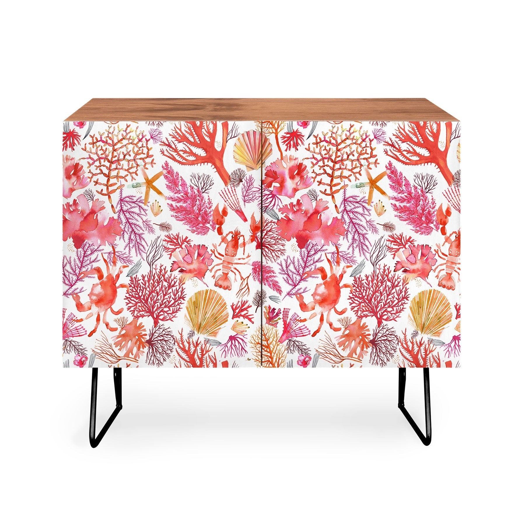 Ninola Design Botanic Retreat Coral Reef Crab Lobster Red Credenza