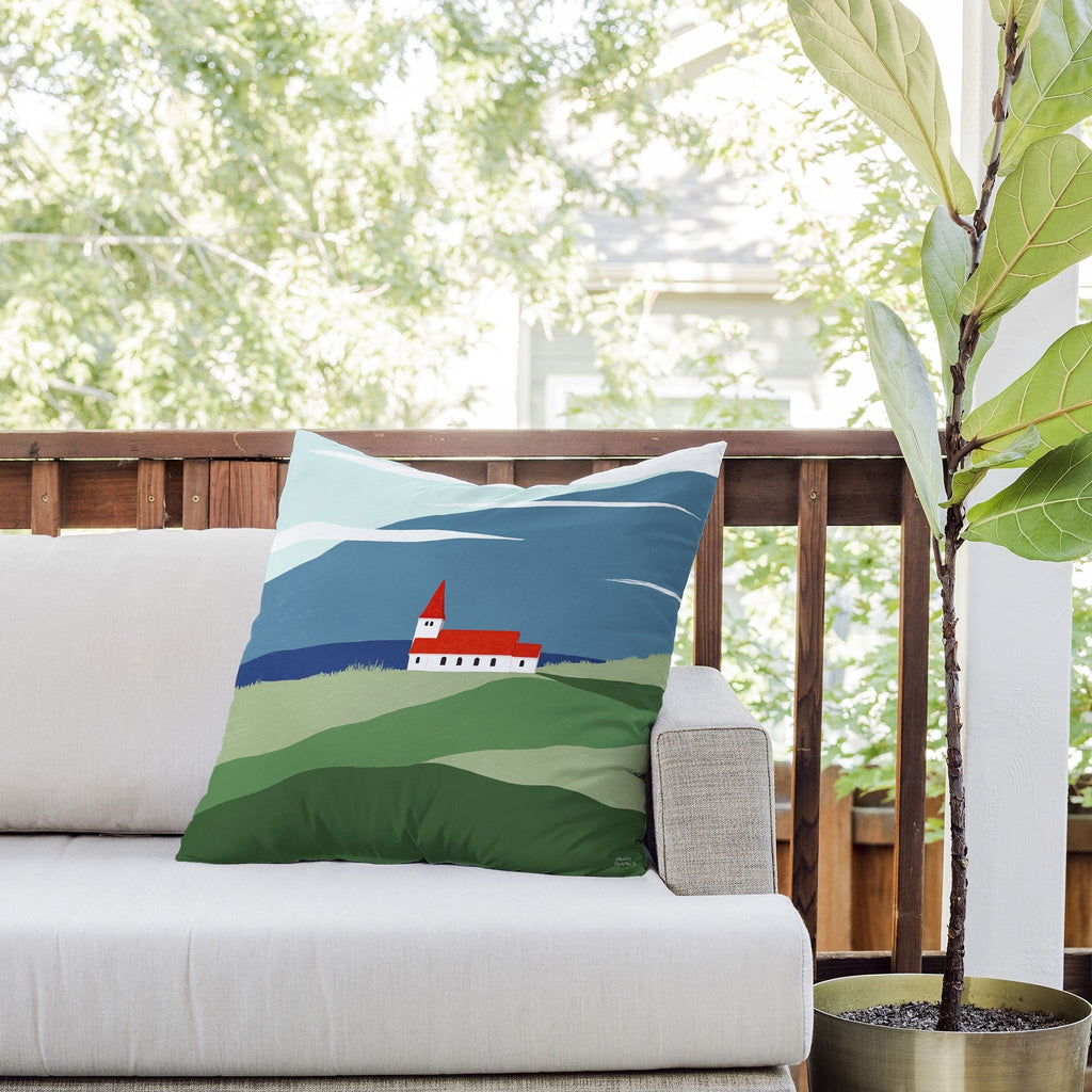Valeria Frustaci Red roof in Iceland Outdoor Throw Pillow