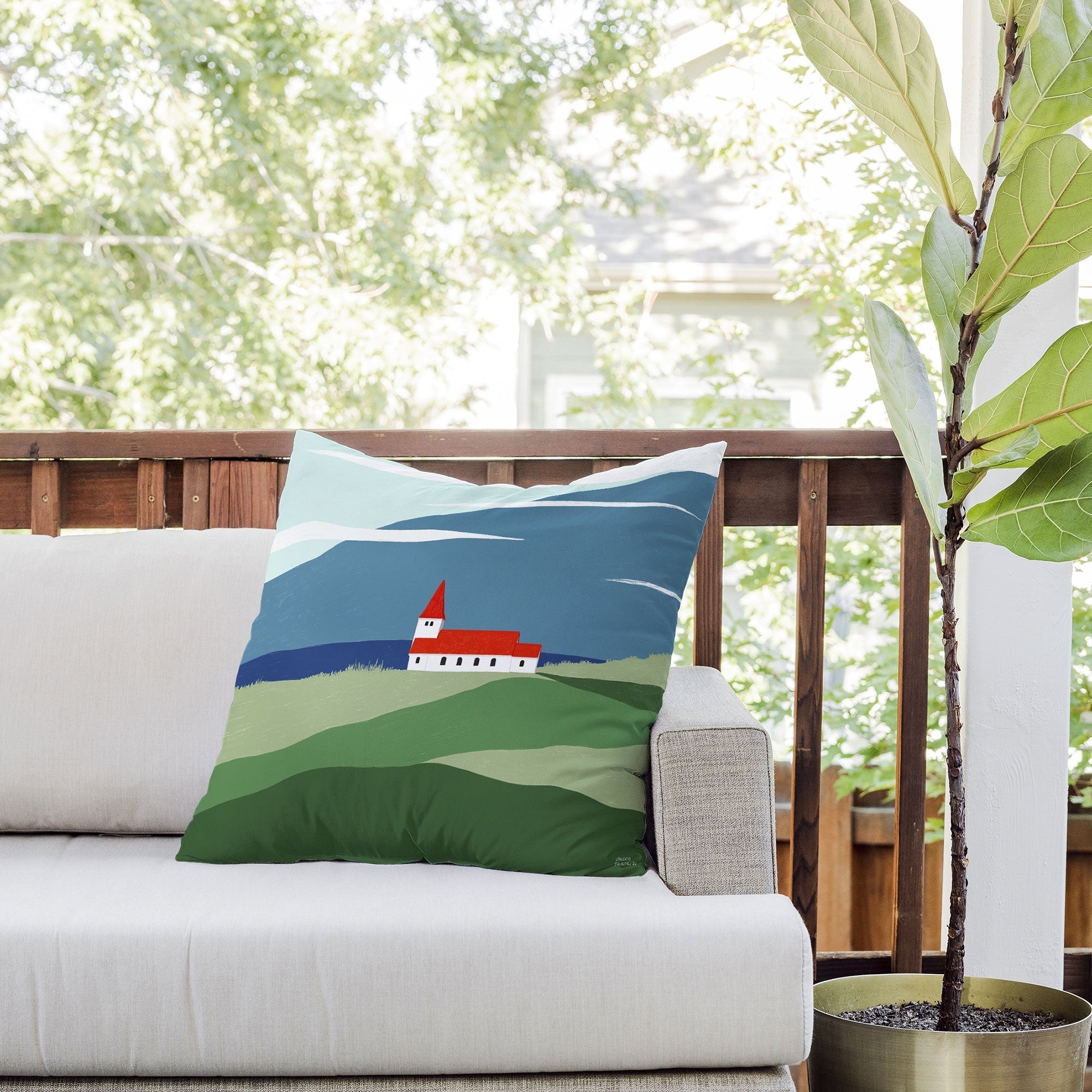 Valeria Frustaci Red roof in Iceland Outdoor Throw Pillow