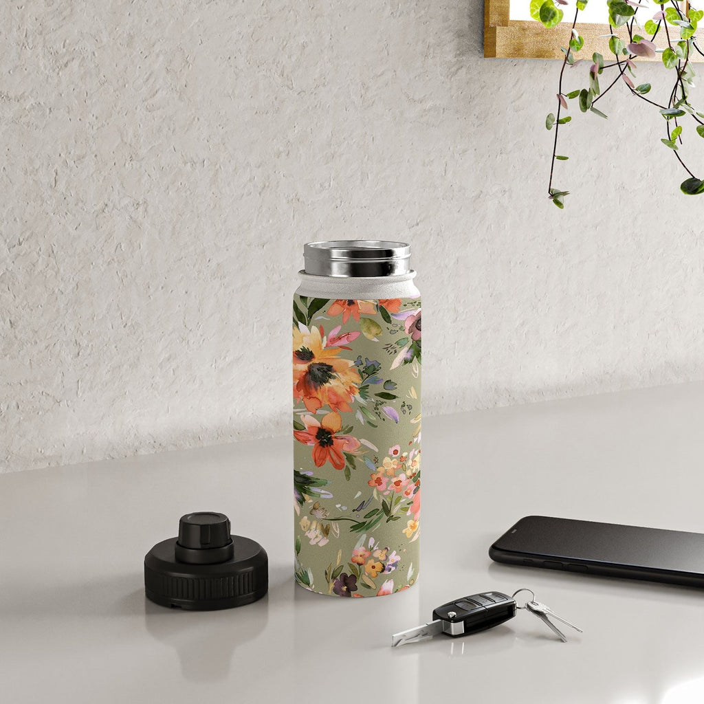 Ninola Design Botanic Retreat Painterly Tropical Flowers Sage Green Water Bottle