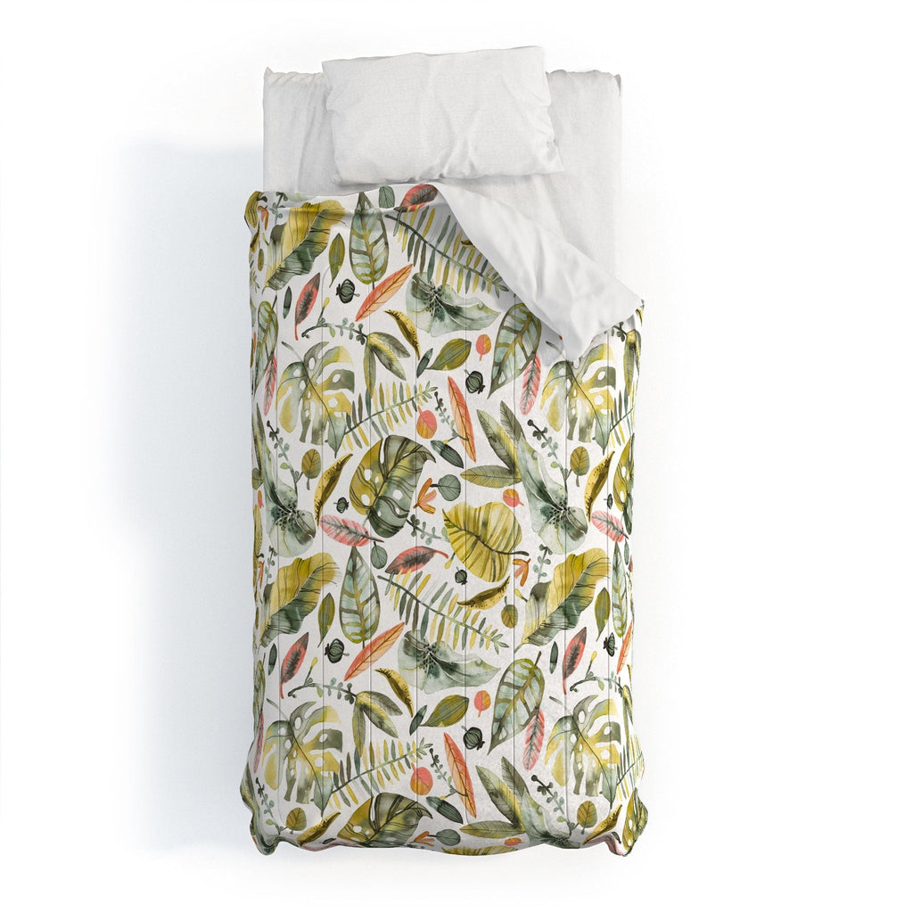 Ninola Design Botanic Retreat Tropical Jungle Leaves Botanical Green Orange Comforter