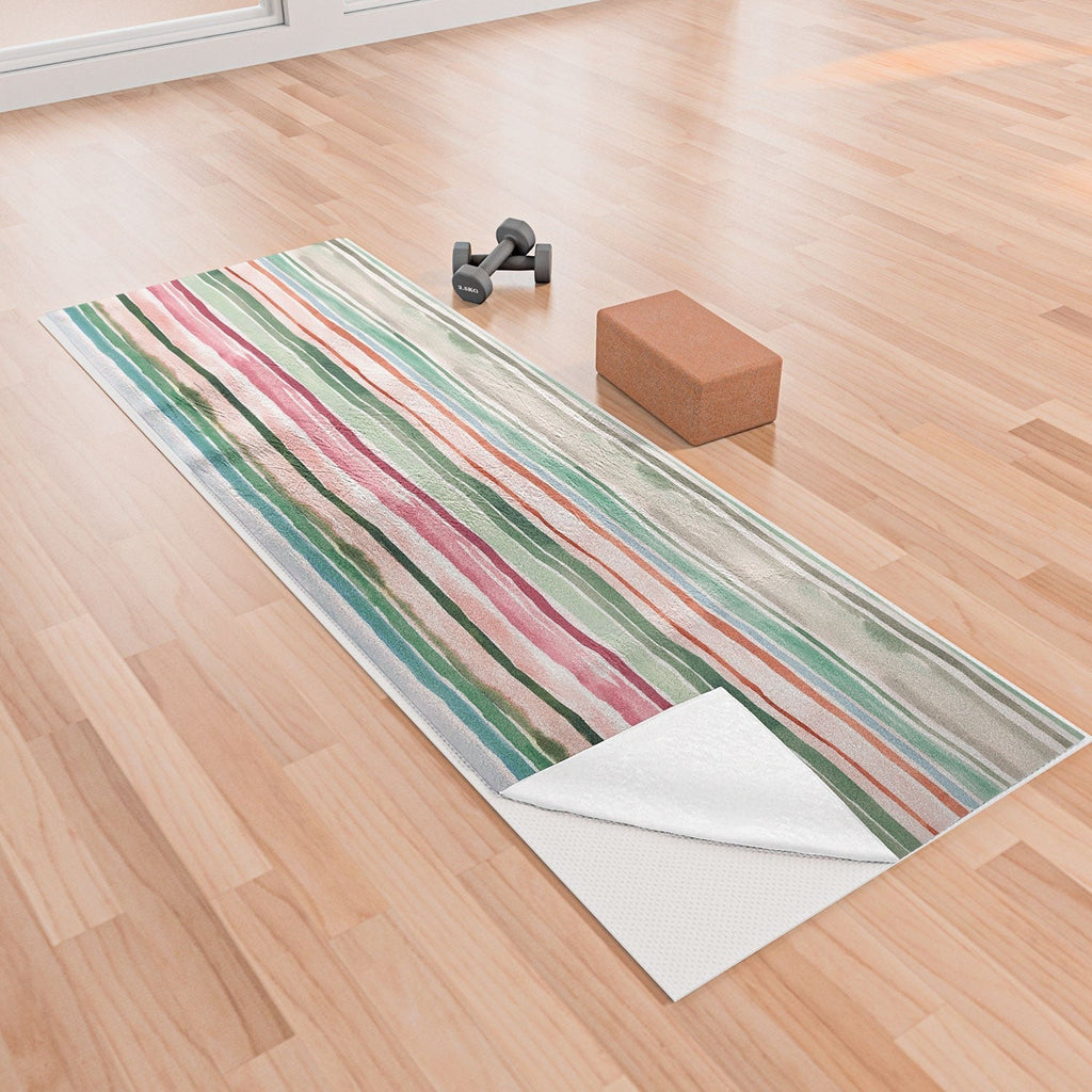 Ninola Design Botanic Retreat Watercolor Stripes Green Orange Red Yoga Towel