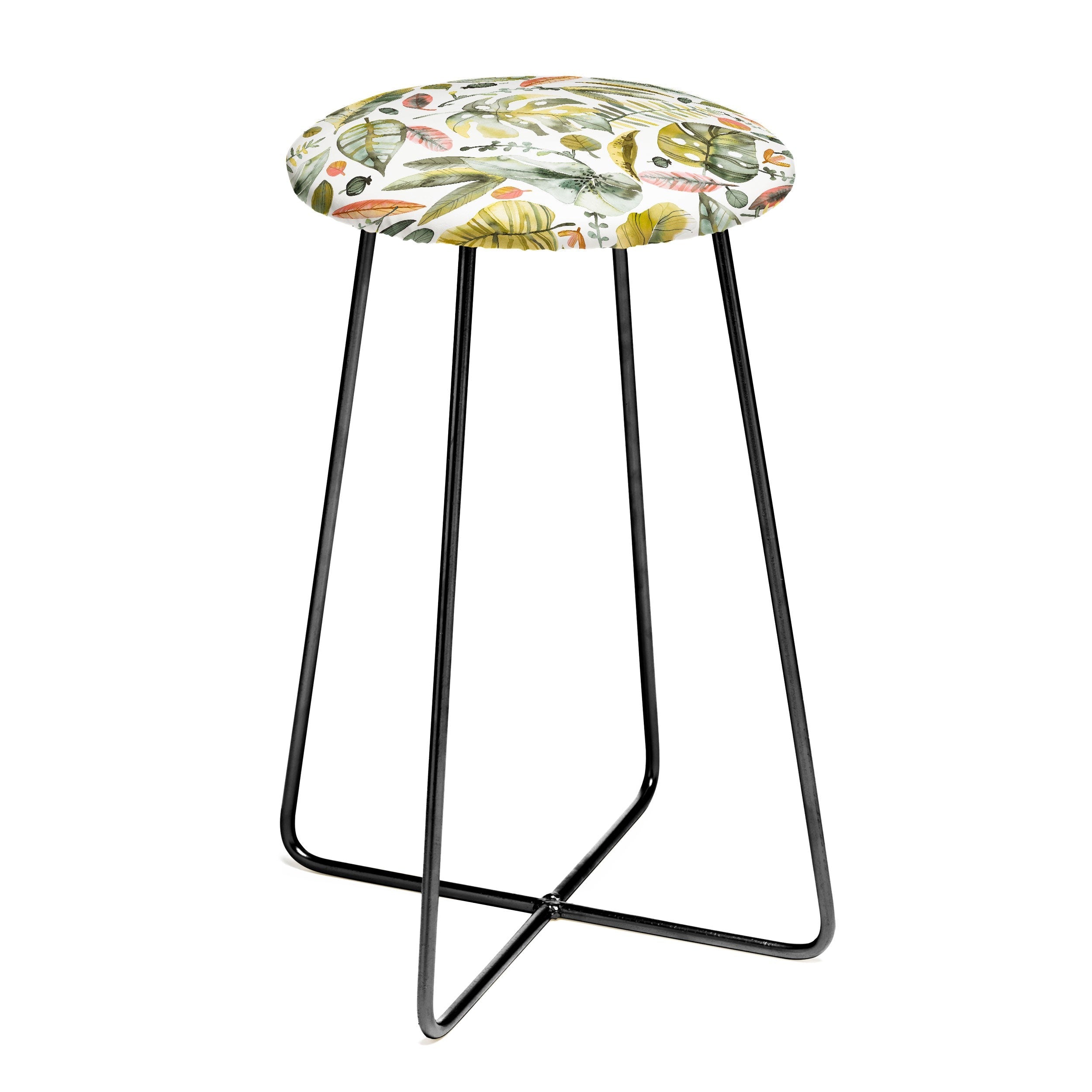 Ninola Design Botanic Retreat Tropical Jungle Leaves Botanical Green Orange Counter Stool