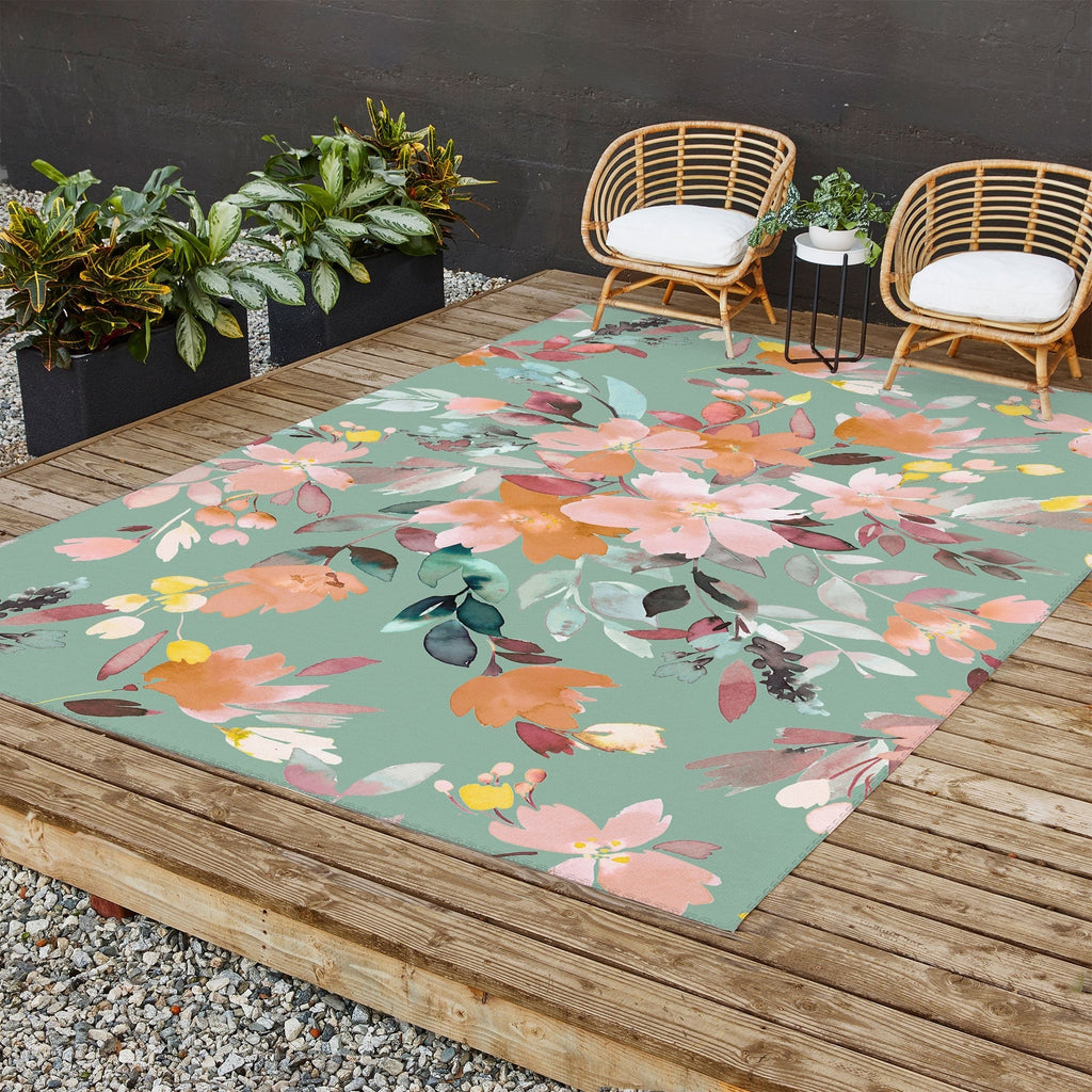 Ninola Design Botanic Retreat Floral Oleander Whimsical Teal Green Outdoor Rug