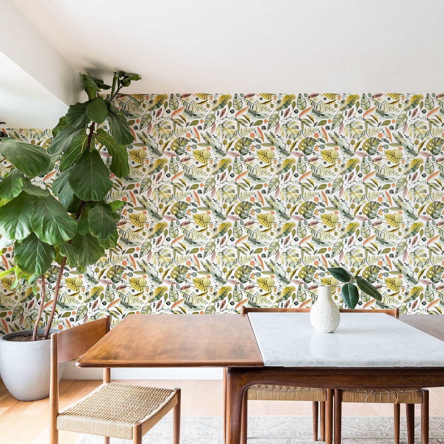 Ninola Design Botanic Retreat Tropical Jungle Leaves Botanical Green Orange Wallpaper
