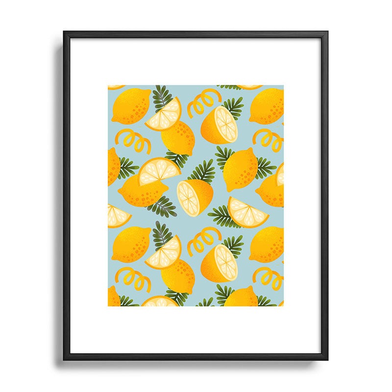 Jessica Molina Lemon Pattern on Sky Blue Metal Framed Art Print