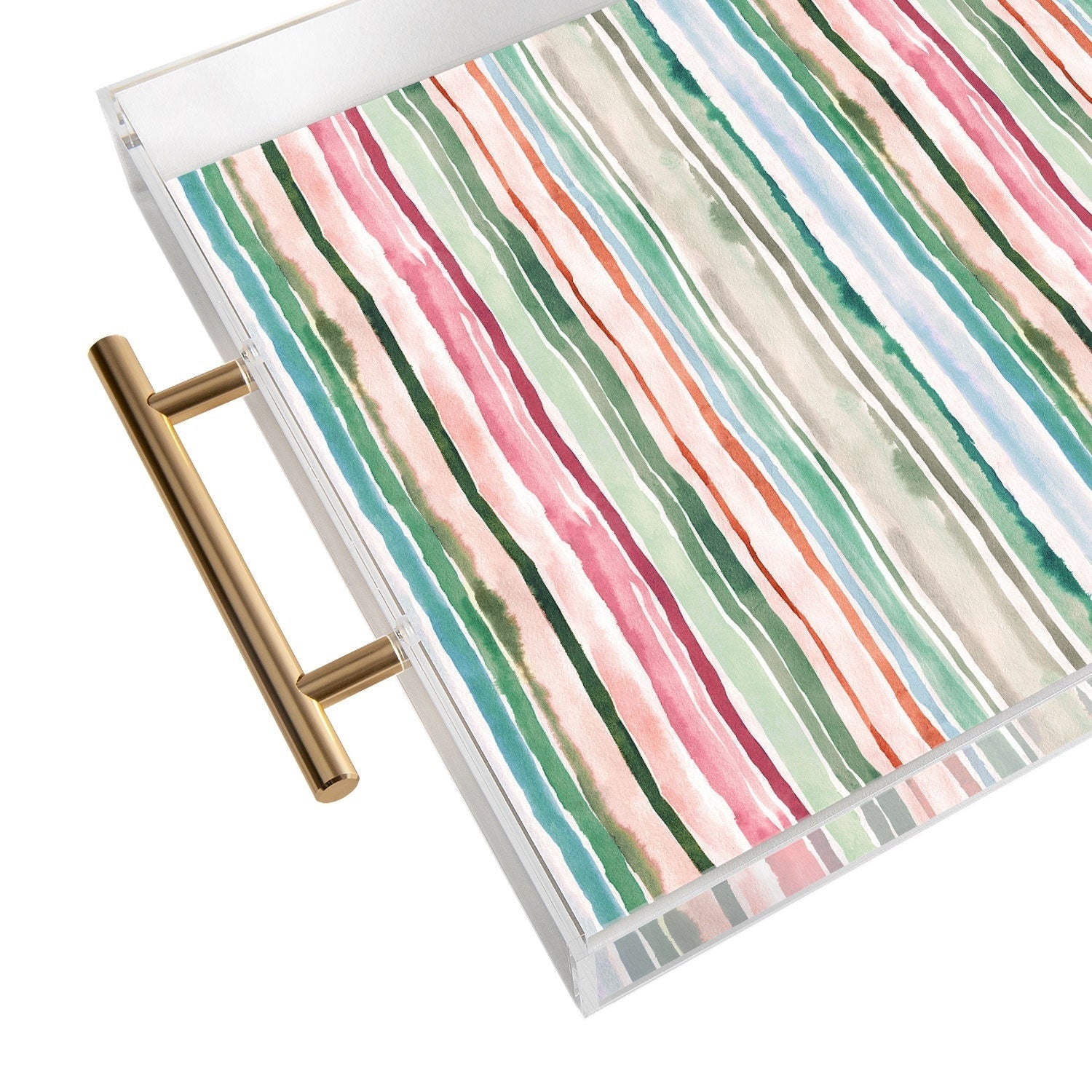 Ninola Design Botanic Retreat Watercolor Stripes Green Orange Red Acrylic Tray