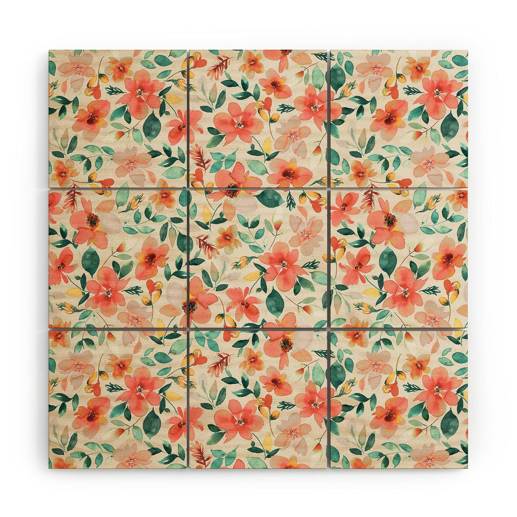 Ninola Design Botanic Retreat Tropical Whimsical Flowers Coral Green Wood Wall Mural