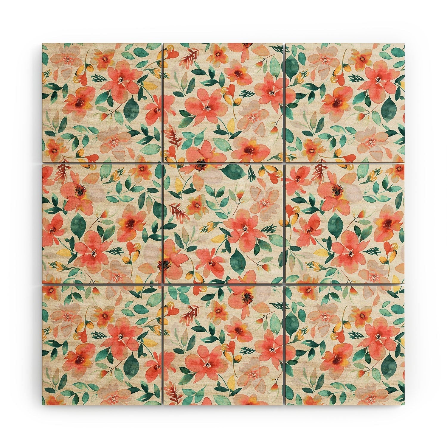 Ninola Design Botanic Retreat Tropical Whimsical Flowers Coral Green Wood Wall Mural