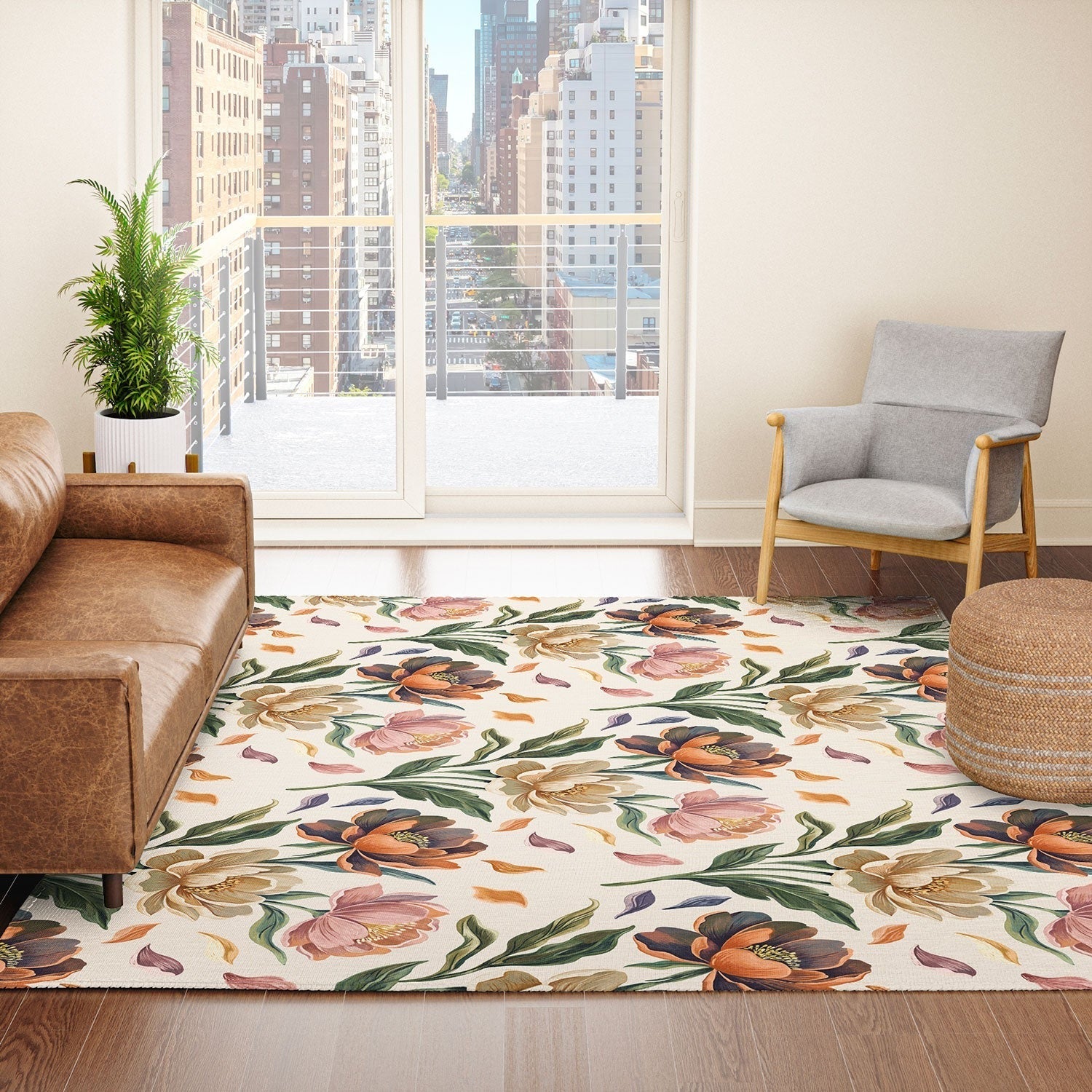 Marta Barragan Camarasa Hand Painted Peony Florals Area Rug