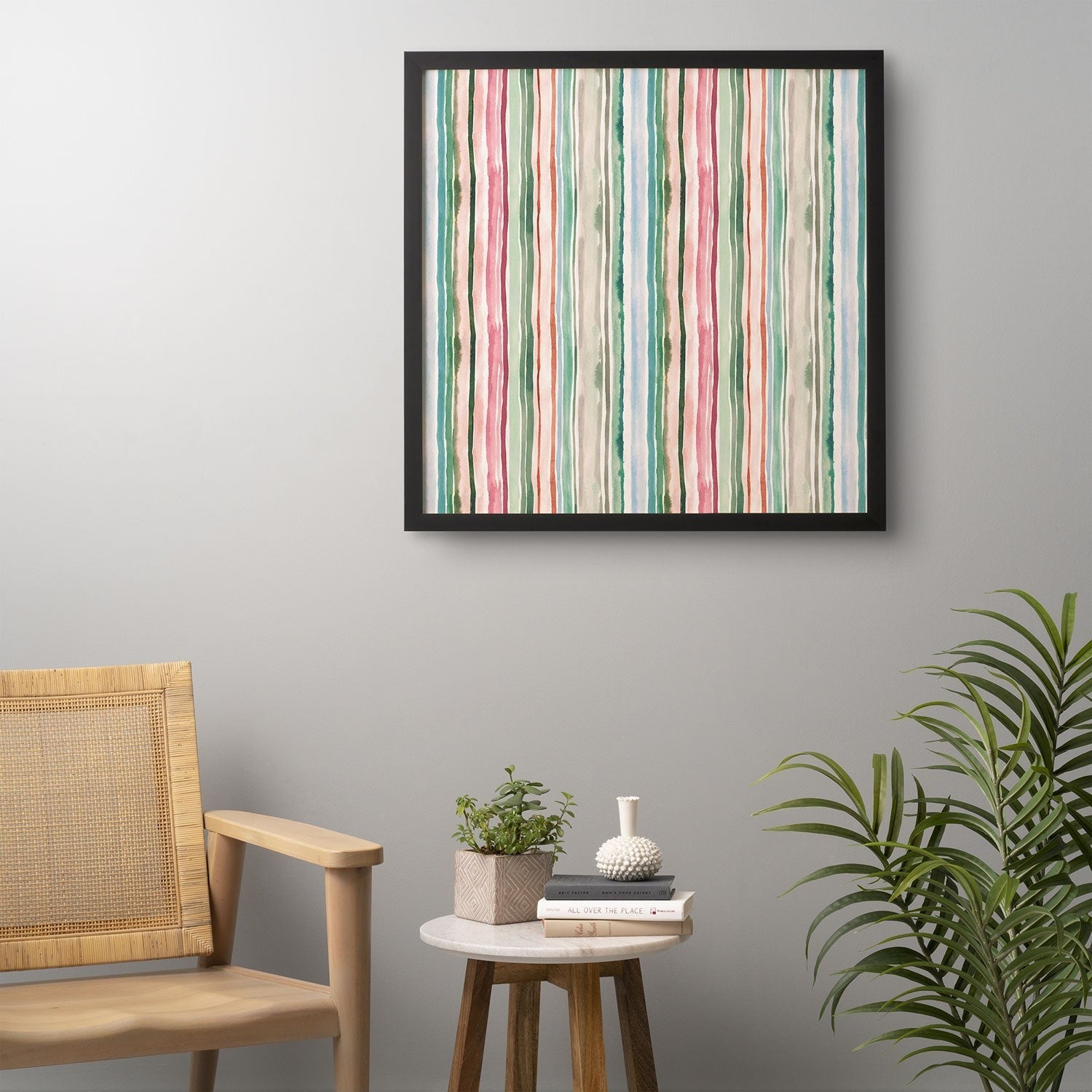 Ninola Design Botanic Retreat Watercolor Stripes Green Orange Red Framed Wall Art