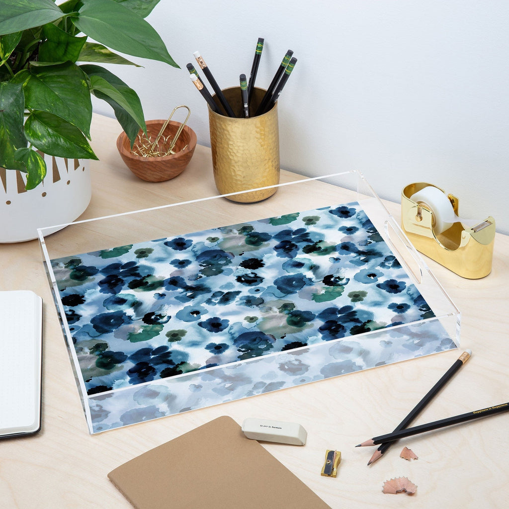 Ninola Design Botanic Retreat Ombre Abstract Watercolor Flowers Blue Navy Acrylic Tray