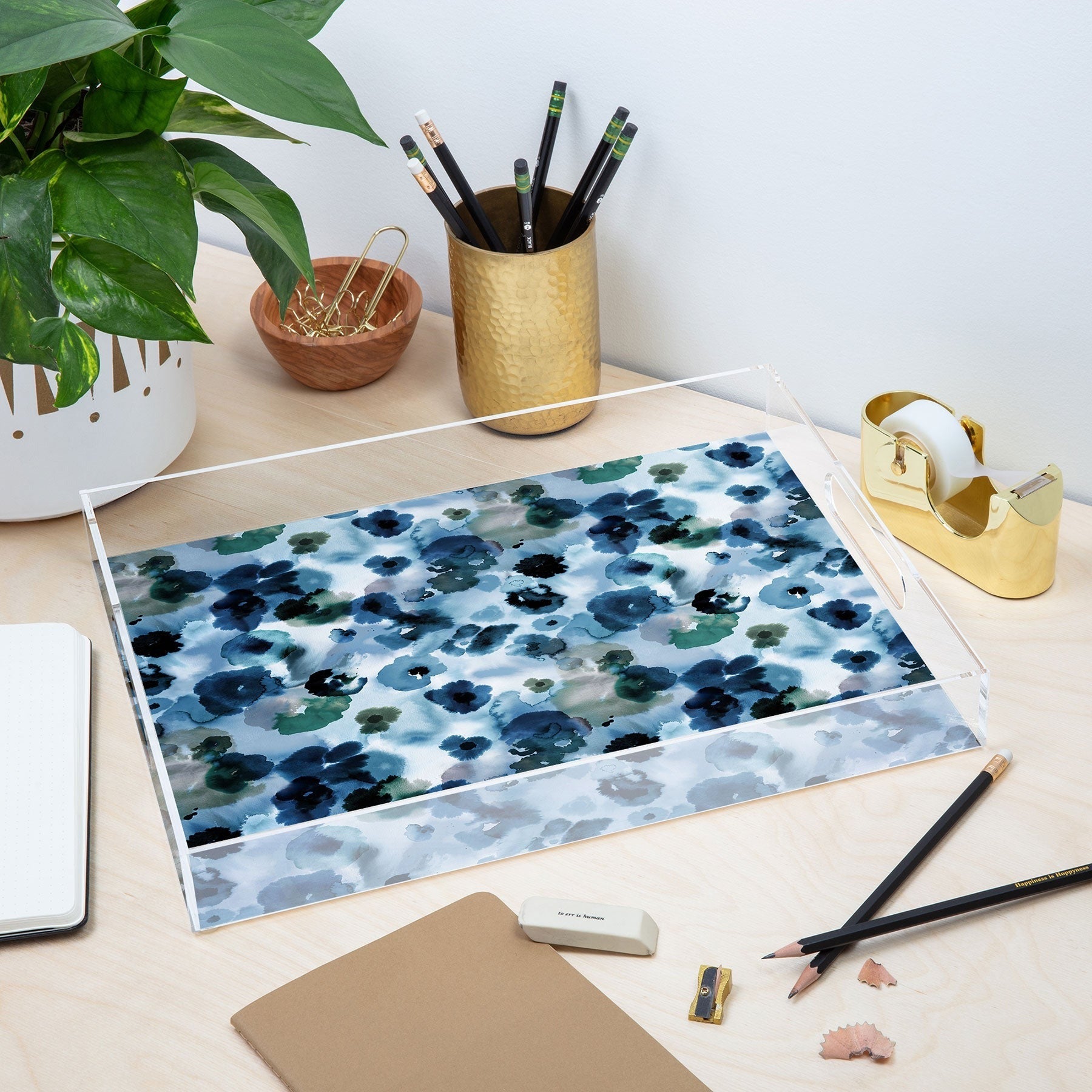 Ninola Design Botanic Retreat Ombre Abstract Watercolor Flowers Blue Navy Acrylic Tray