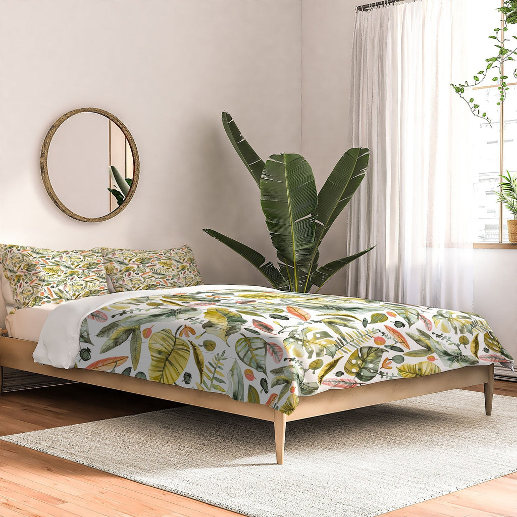 Ninola Design Botanic Retreat Tropical Jungle Leaves Botanical Green Orange Comforter