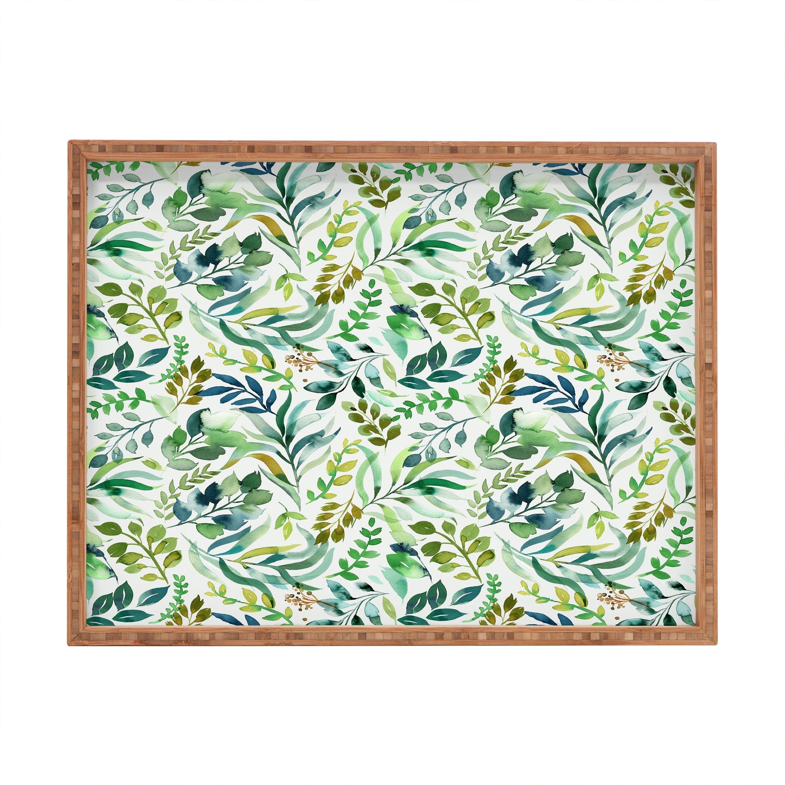 Ninola Design Botanic Retreat Loose Botanical Leaves Watercolor Green Rectangular Tray