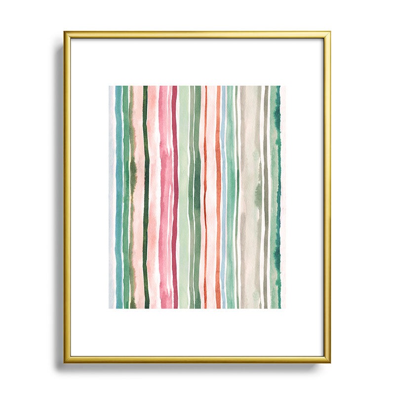 Ninola Design Botanic Retreat Watercolor Stripes Green Orange Red Metal Framed Art Print