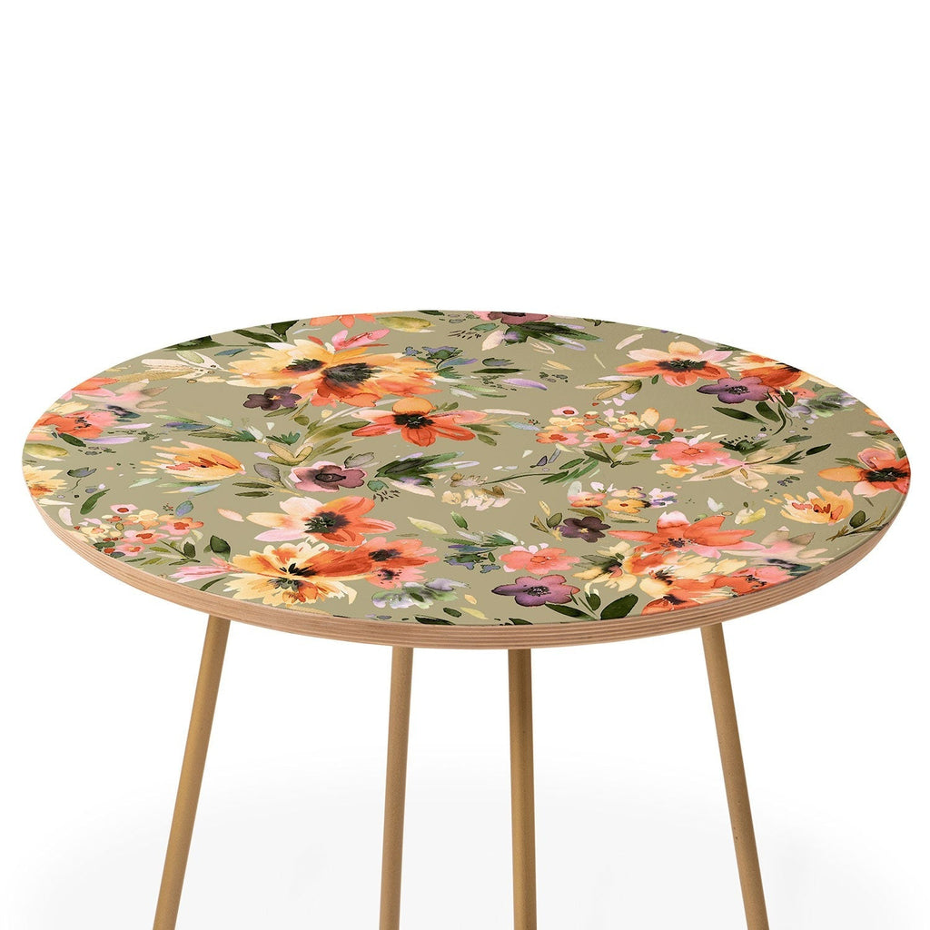 Ninola Design Botanic Retreat Painterly Tropical Flowers Sage Green Round Side Table