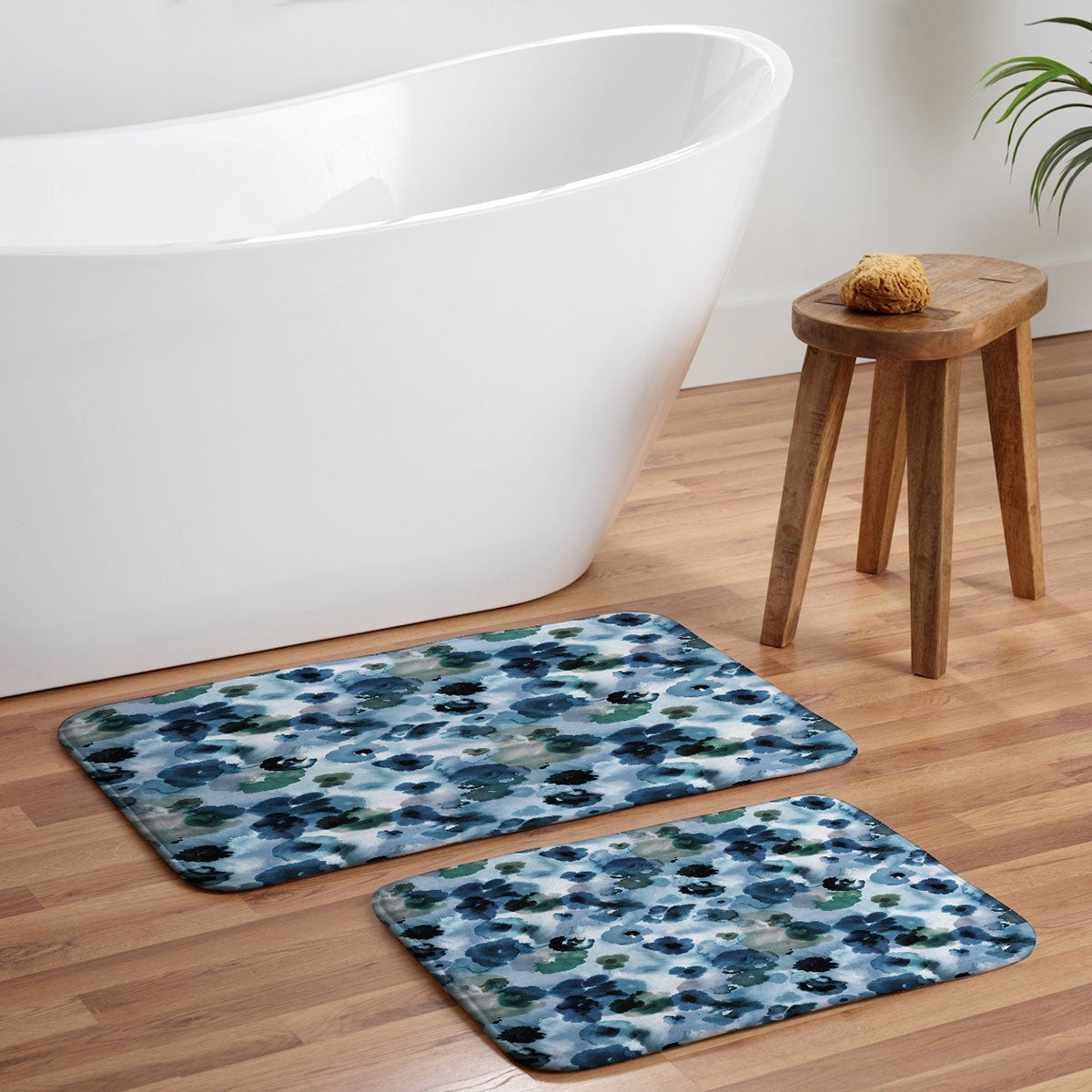 Ninola Design Botanic Retreat Ombre Abstract Watercolor Flowers Blue Navy Memory Foam Bath Mat