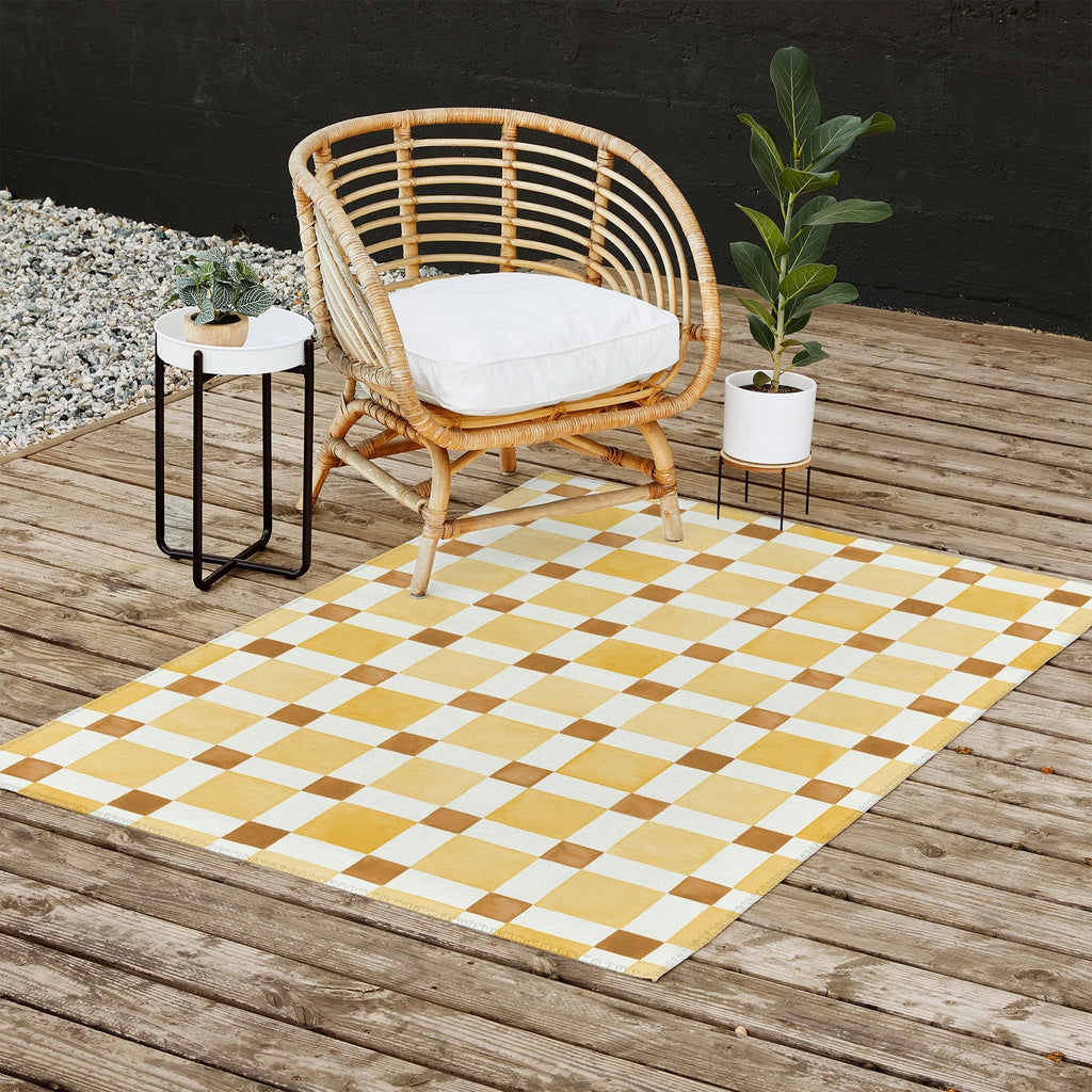 Ninola Design Everyday Artifact Checker Mosaic Tiles Geometry Yellow Outdoor Rug