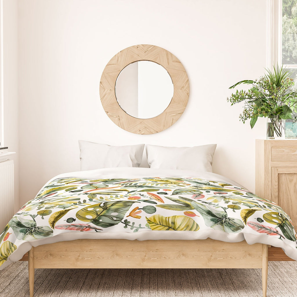 Ninola Design Botanic Retreat Tropical Jungle Leaves Botanical Green Orange Duvet Cover