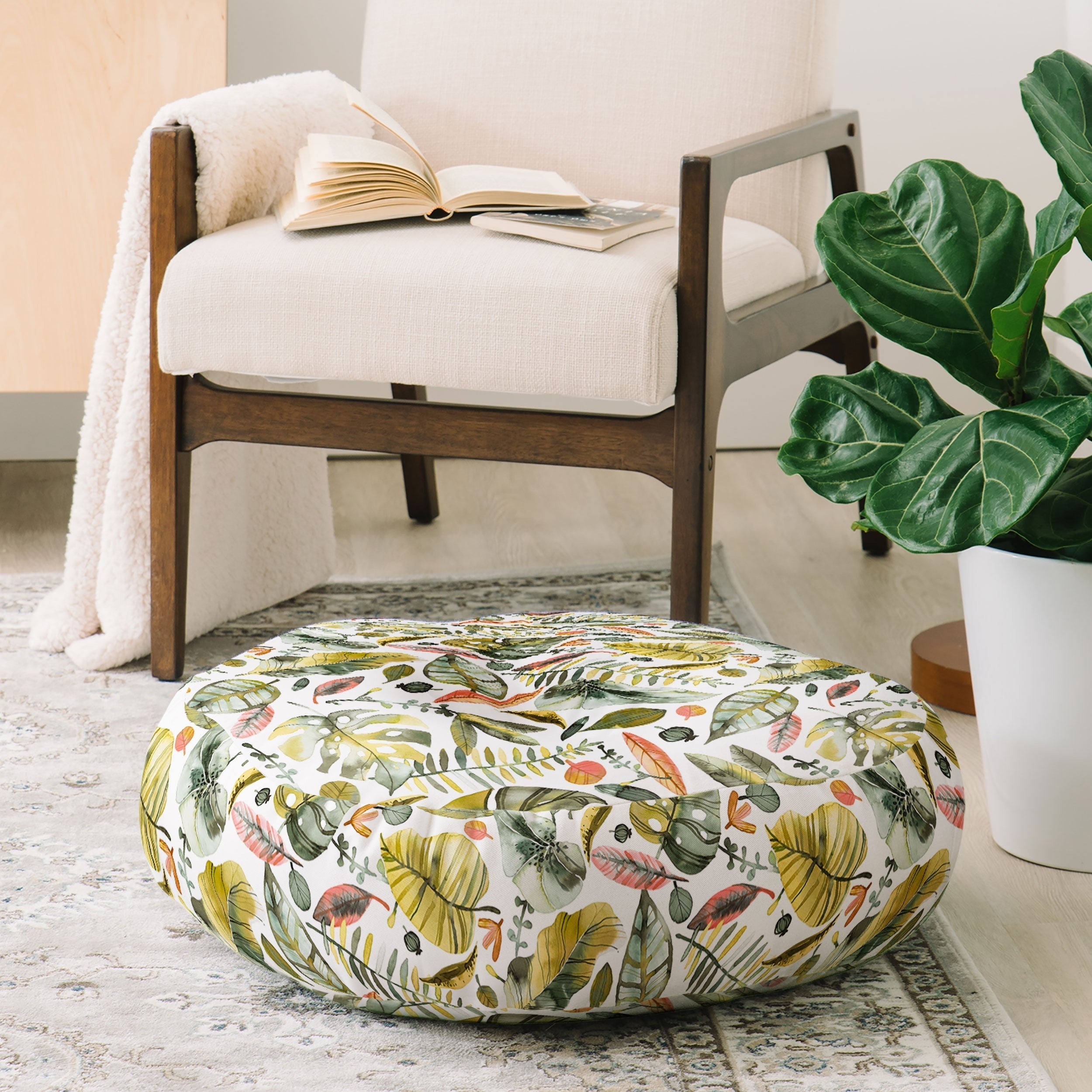 Ninola Design Botanic Retreat Tropical Jungle Leaves Botanical Green Orange Floor Pillow Round
