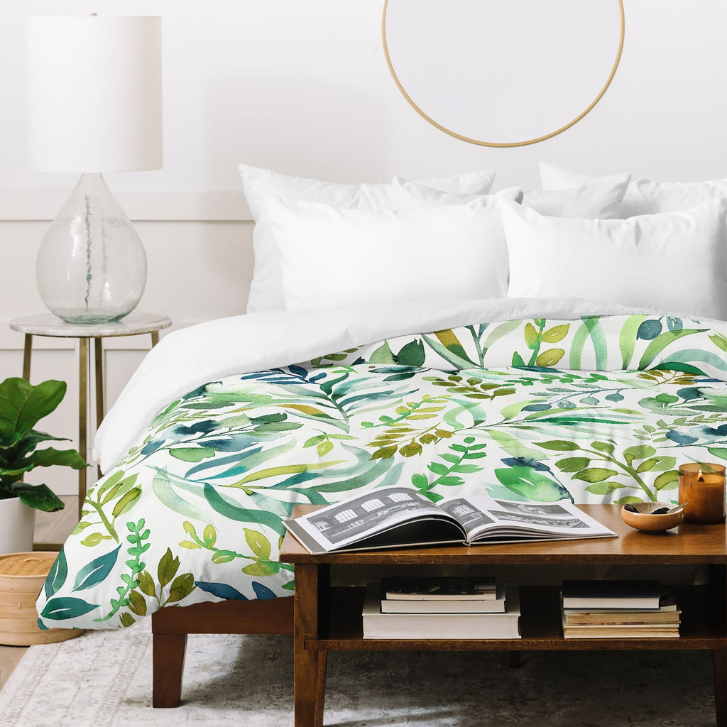 Ninola Design Botanic Retreat Loose Botanical Leaves Watercolor Green Duvet Cover