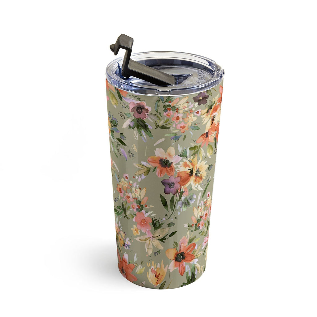 Ninola Design Botanic Retreat Painterly Tropical Flowers Sage Green Travel Mug