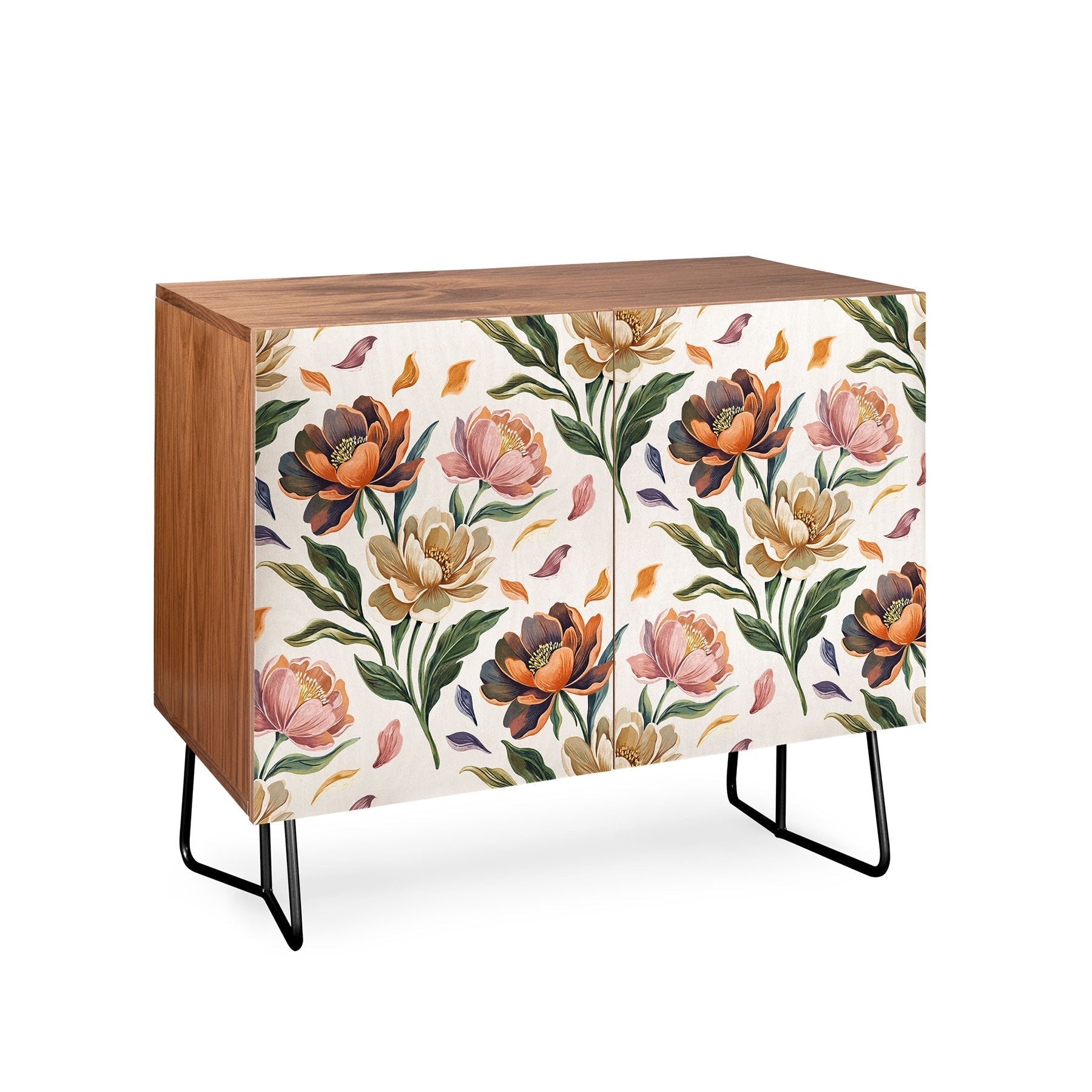 Marta Barragan Camarasa Hand Painted Peony Florals Credenza