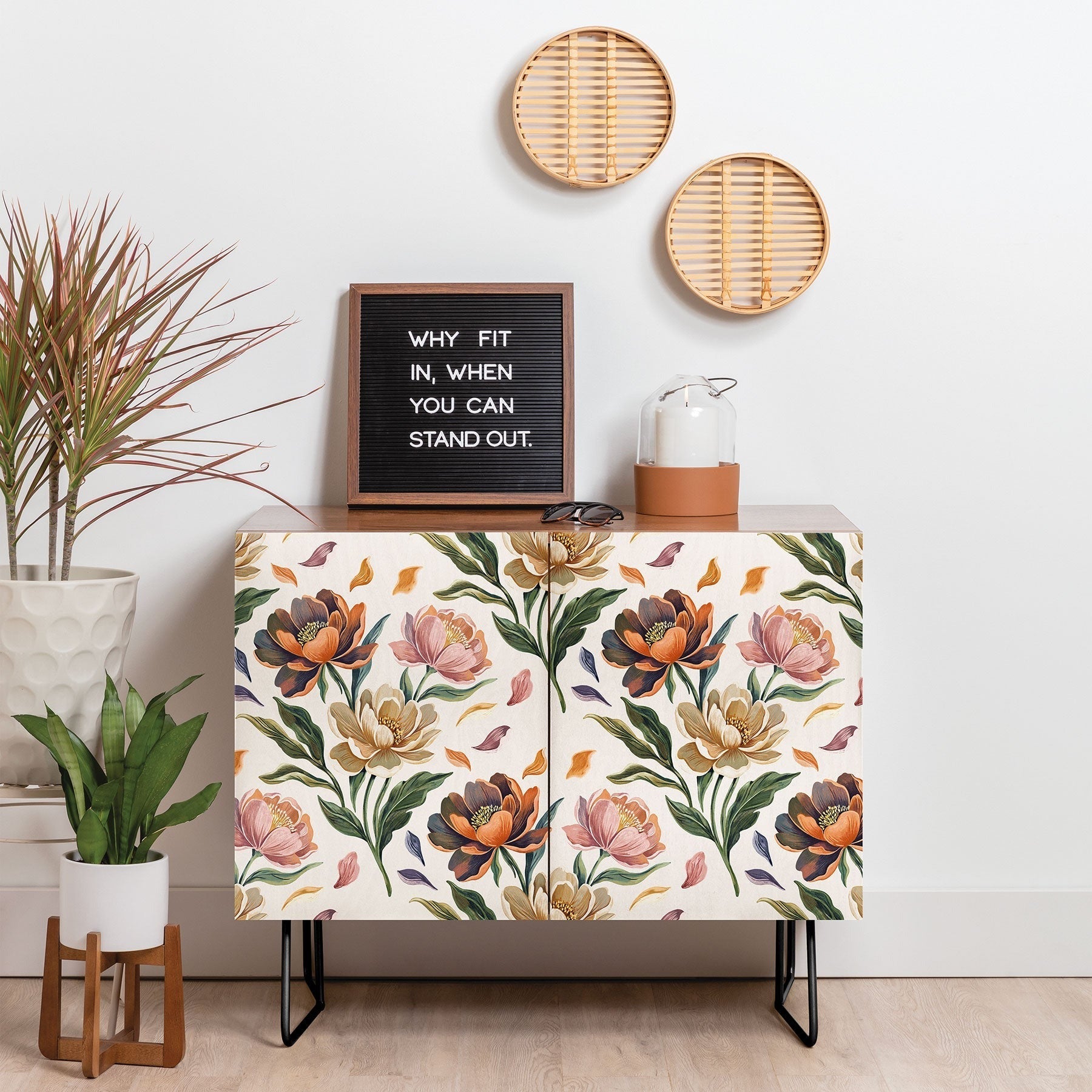 Marta Barragan Camarasa Hand Painted Peony Florals Credenza