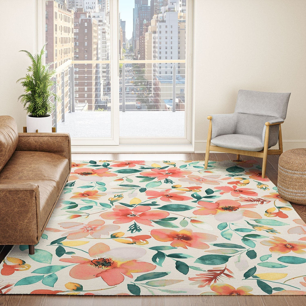 Ninola Design Botanic Retreat Tropical Whimsical Flowers Coral Green Area Rug
