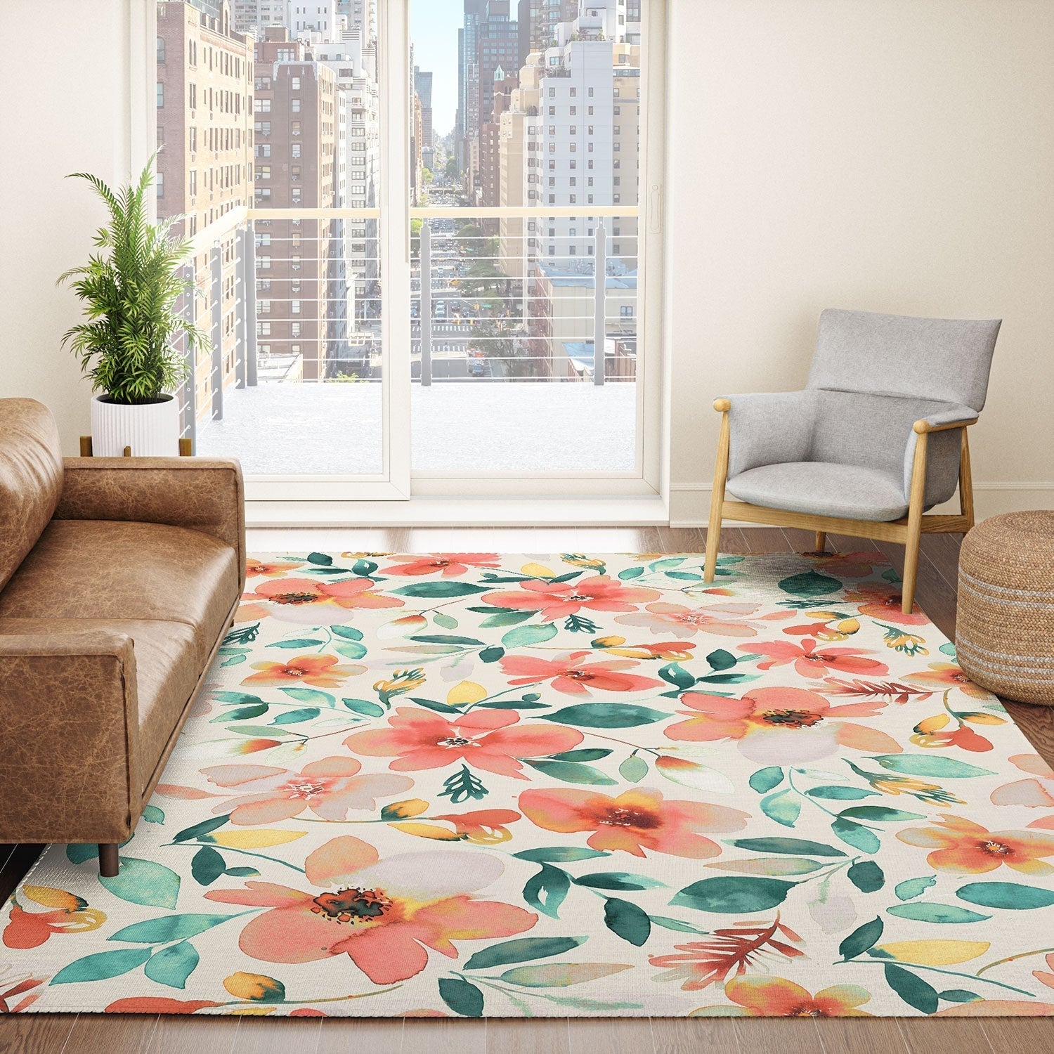 Ninola Design Botanic Retreat Tropical Whimsical Flowers Coral Green Area Rug