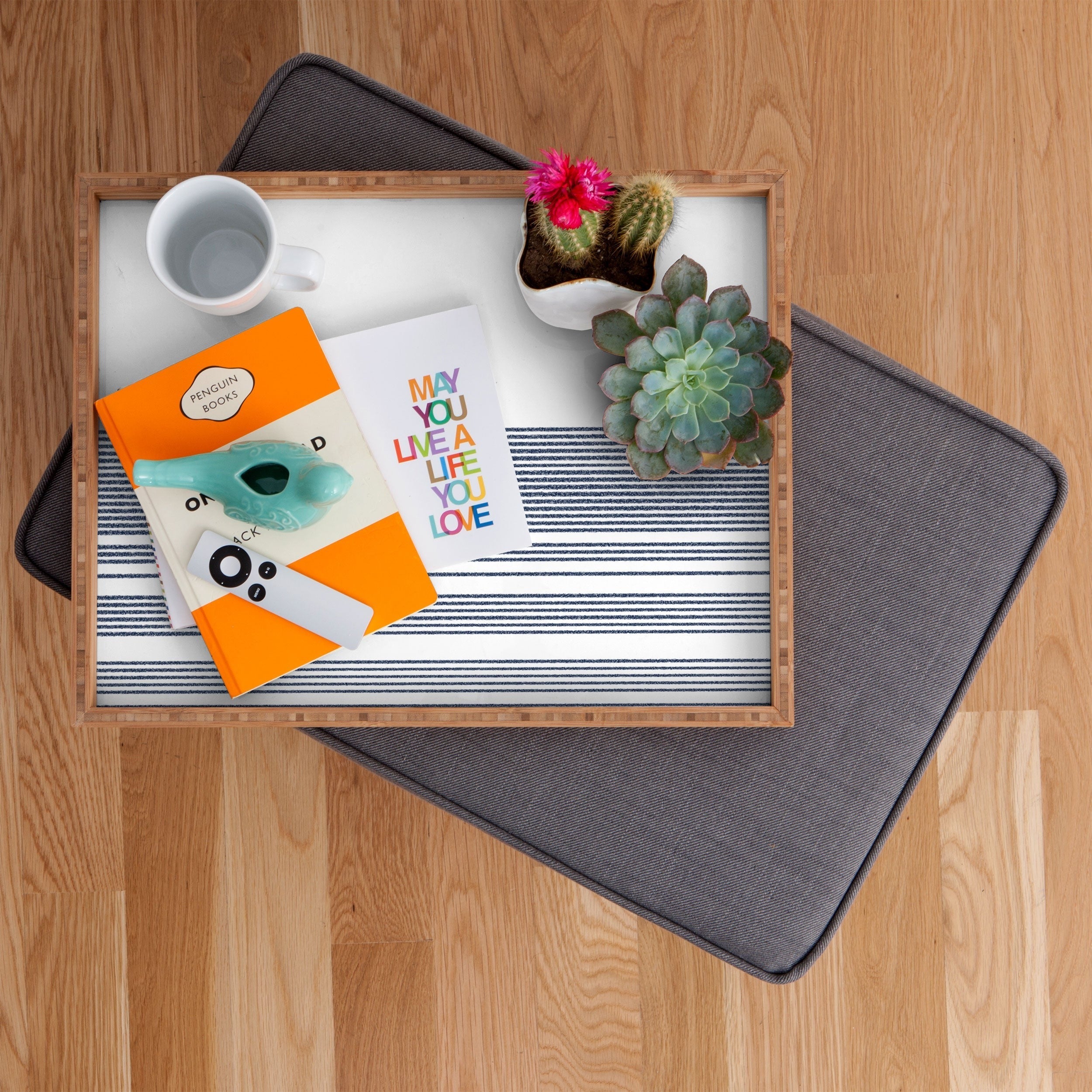 Kierkegaard Design Studio organic stripes naut navy blue and white Rectangular Tray