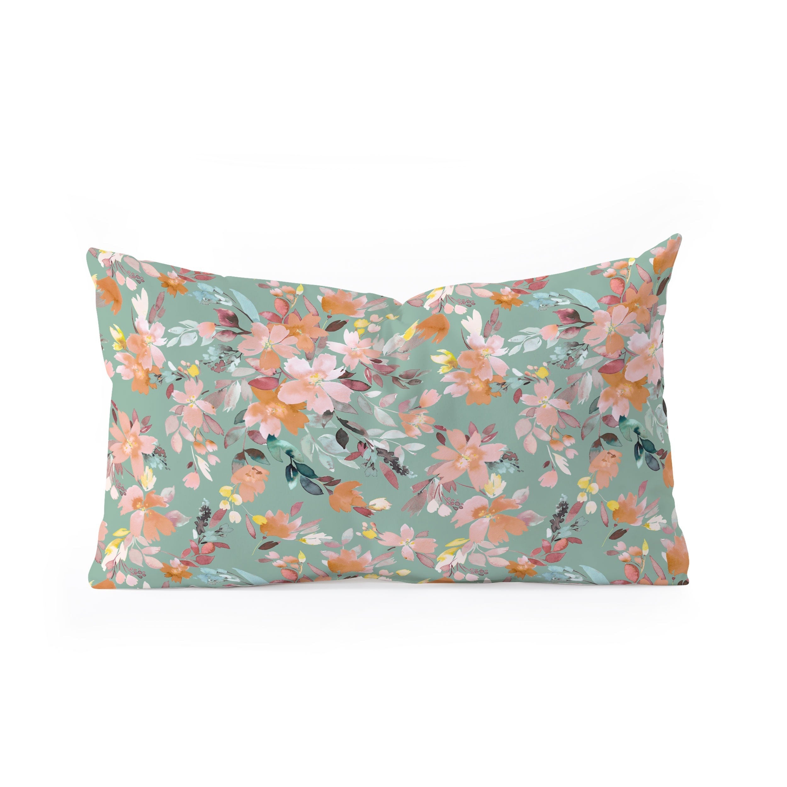 Ninola Design Botanic Retreat Floral Oleander Whimsical Teal Green Oblong Throw Pillow