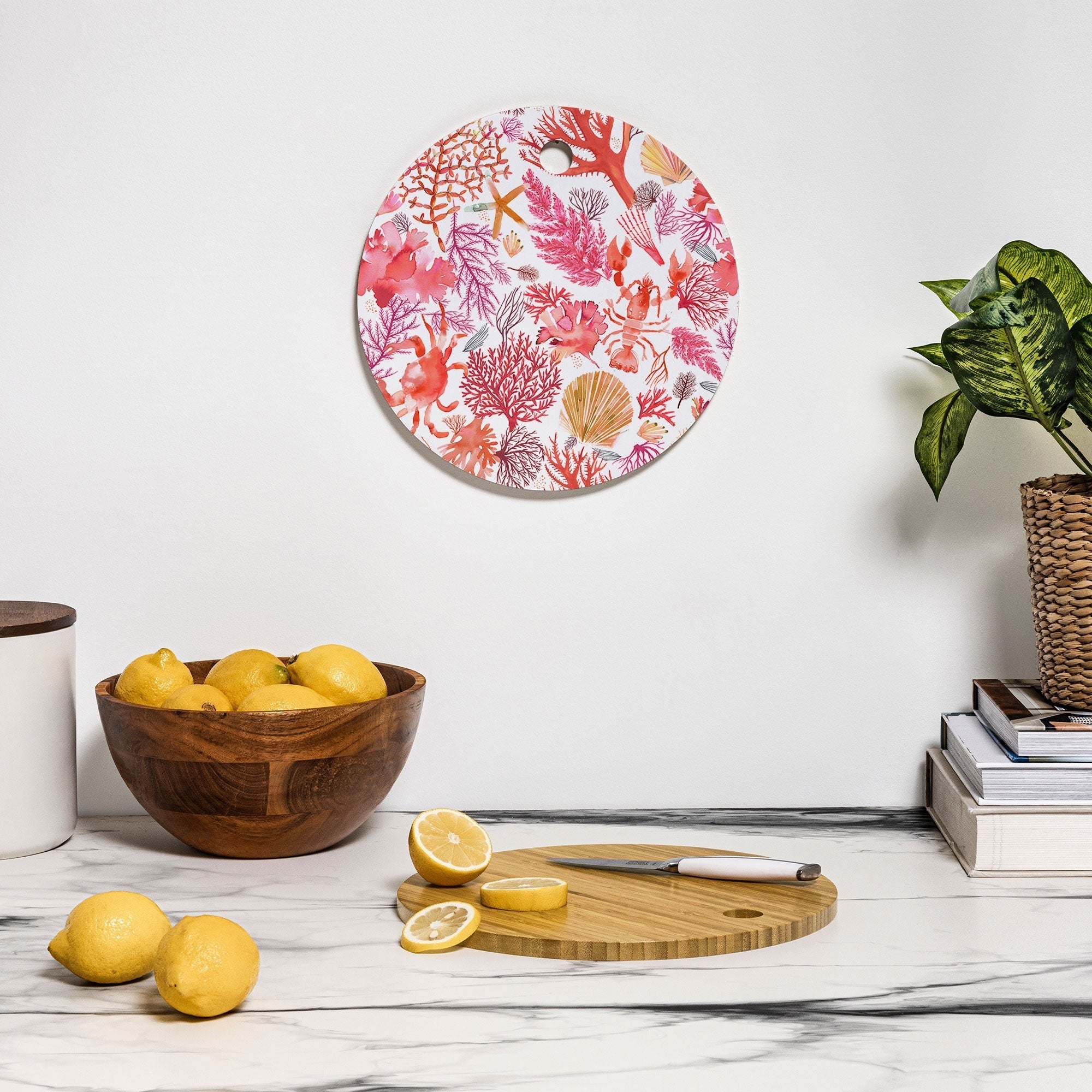 Ninola Design Botanic Retreat Coral Reef Crab Lobster Red Cutting Board Round