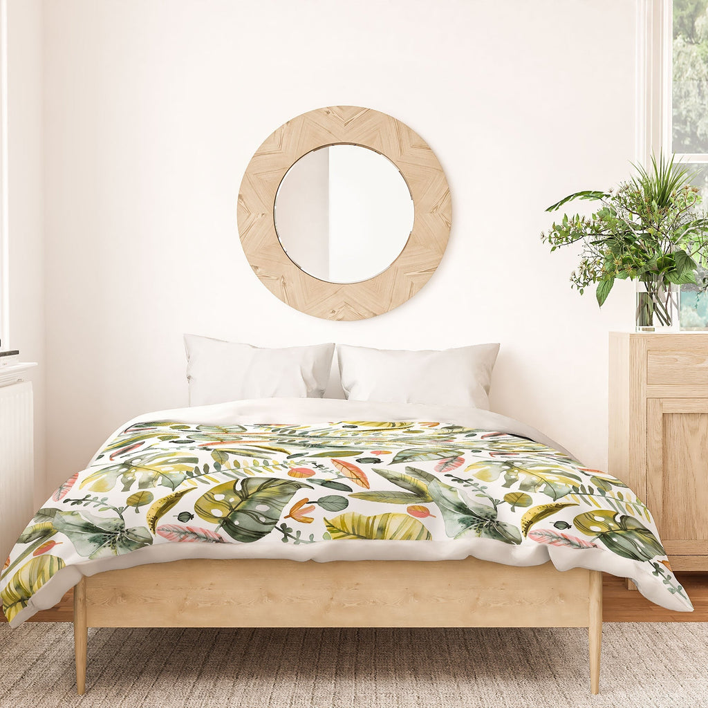 Ninola Design Botanic Retreat Tropical Jungle Leaves Botanical Green Orange Duvet Cover