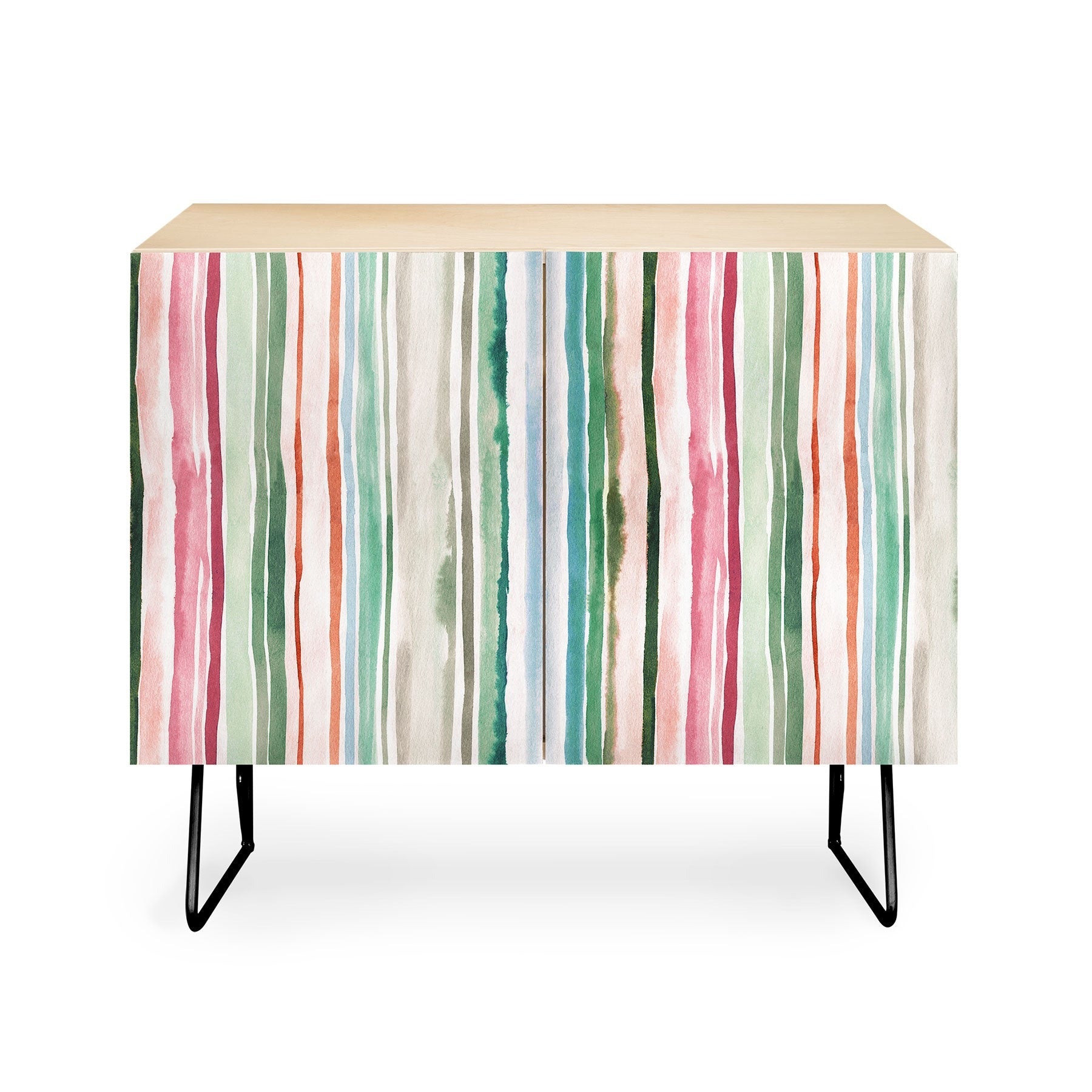 Ninola Design Botanic Retreat Watercolor Stripes Green Orange Red Credenza