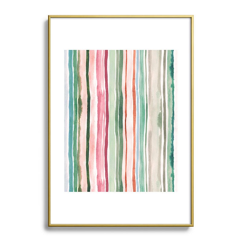 Ninola Design Botanic Retreat Watercolor Stripes Green Orange Red Metal Framed Art Print