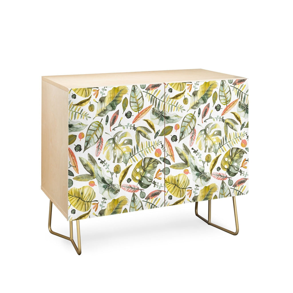Ninola Design Botanic Retreat Tropical Jungle Leaves Botanical Green Orange Credenza
