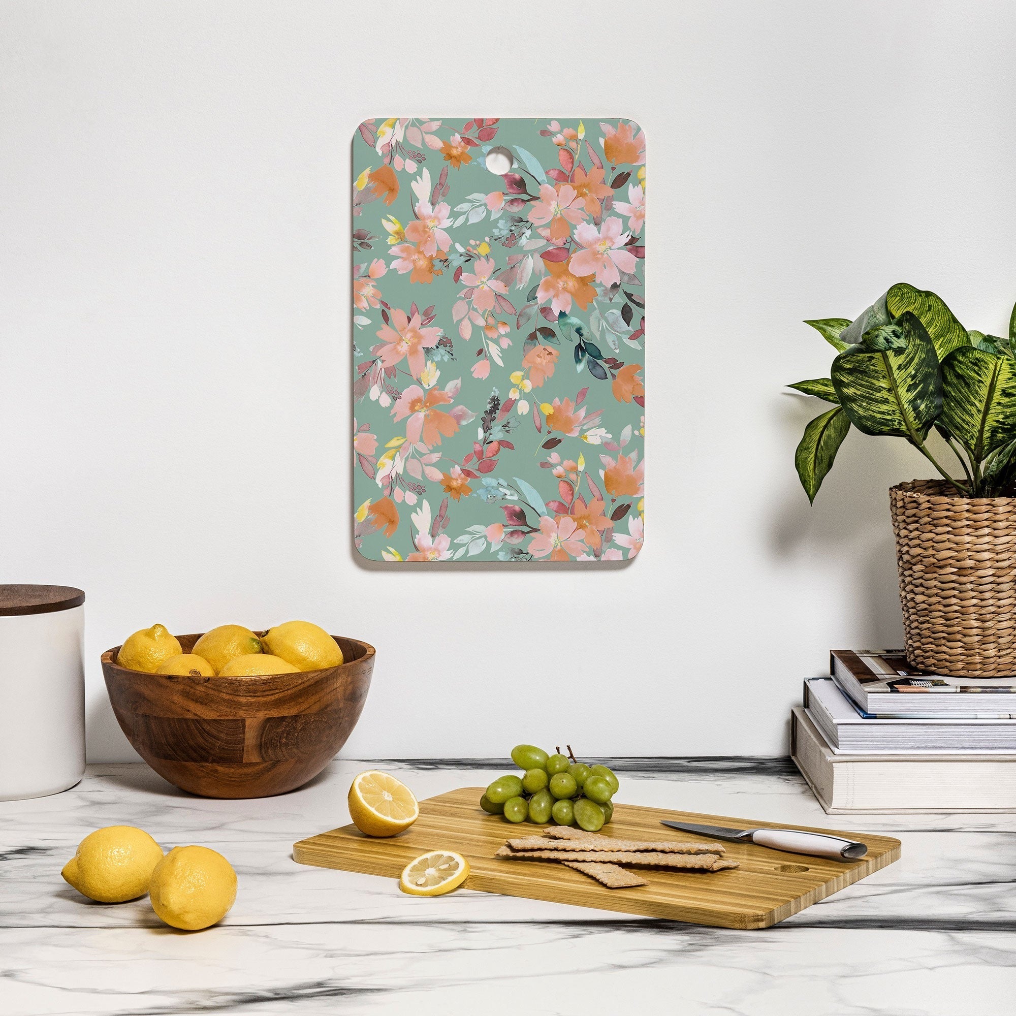 Ninola Design Botanic Retreat Floral Oleander Whimsical Teal Green Cutting Board Rectangle