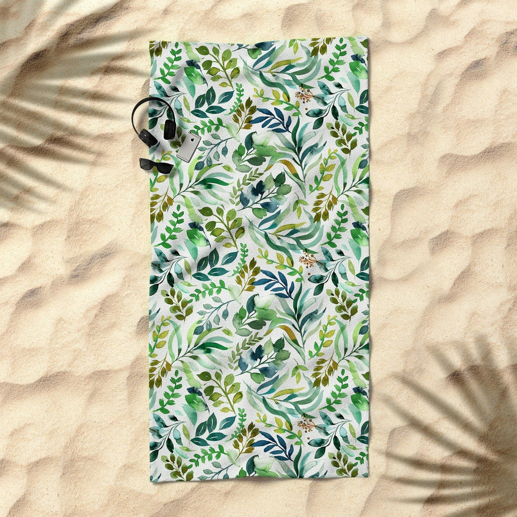 Ninola Design Botanic Retreat Loose Botanical Leaves Watercolor Green Beach Towel