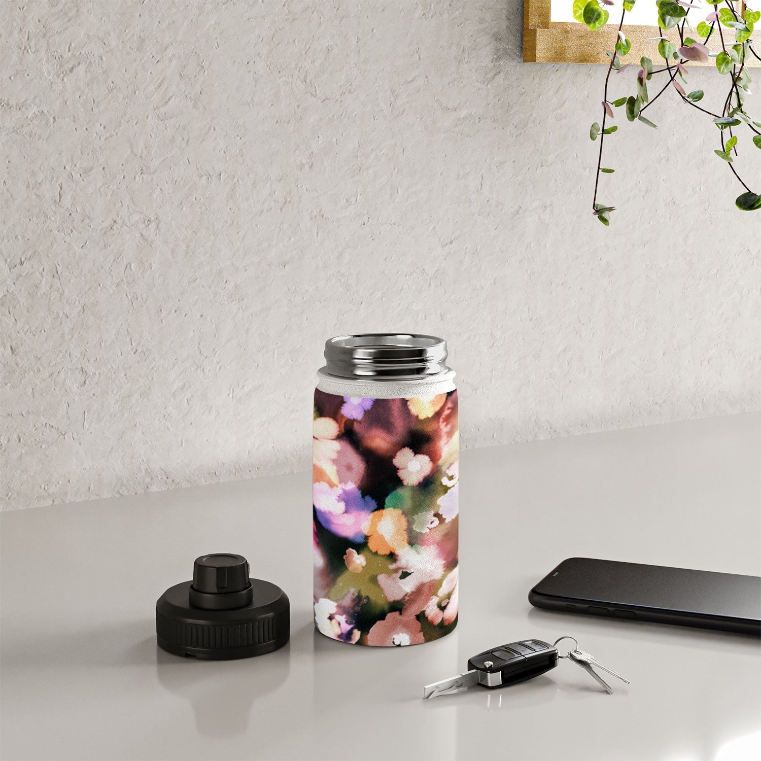 Ninola Design Botanic Retreat Ombre Abstract Watercolor Flowers Pink gold Water Bottle