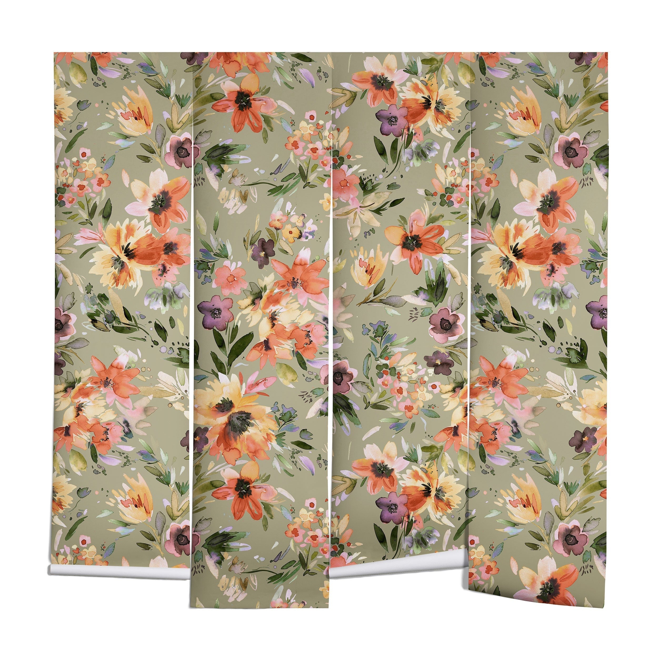 Ninola Design Botanic Retreat Painterly Tropical Flowers Sage Green Wall Mural