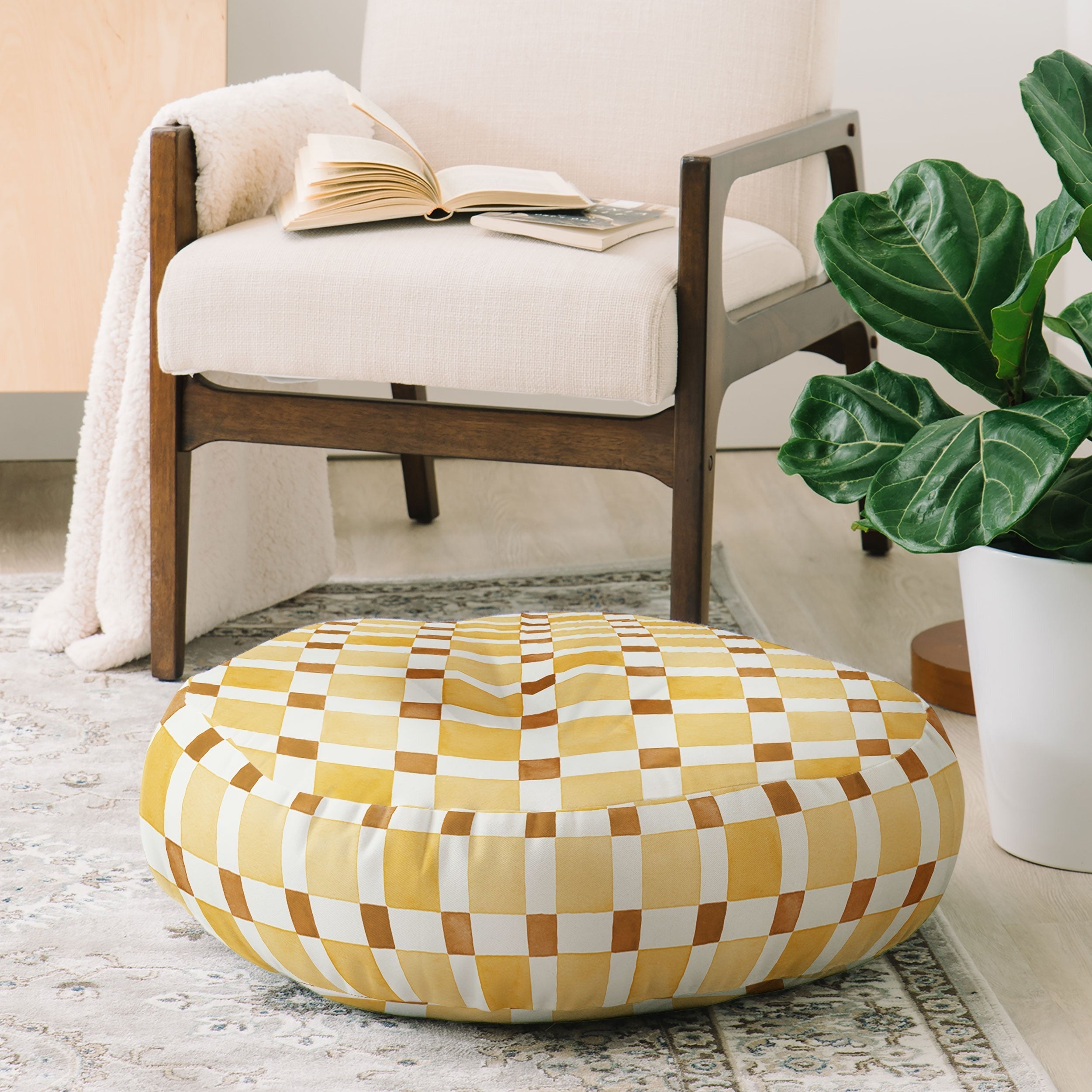 Ninola Design Everyday Artifact Checker Mosaic Tiles Geometry Yellow Floor Pillow Round