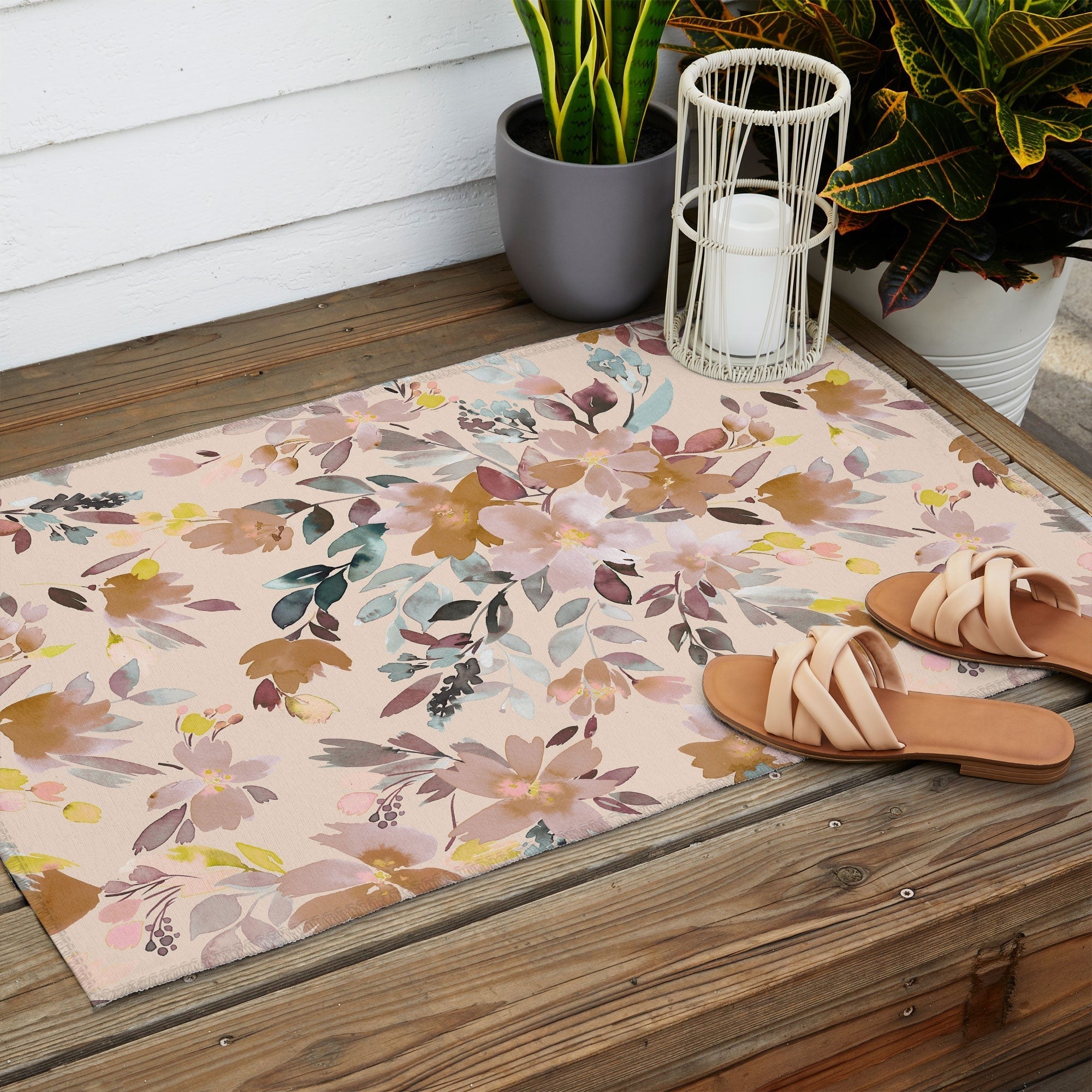 Ninola Design Botanic Retreat Floral Oleander Whimsical Soft Pink Outdoor Rug