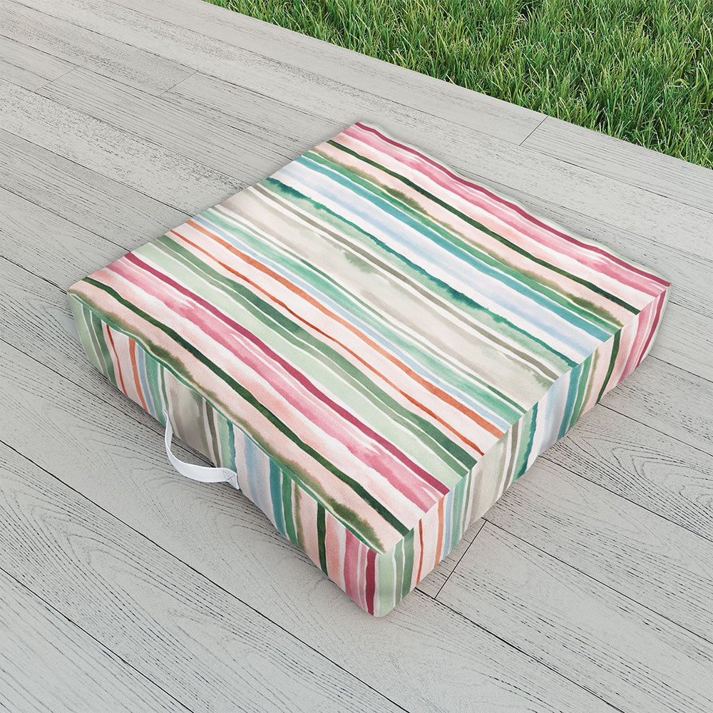 Ninola Design Botanic Retreat Watercolor Stripes Green Orange Red Outdoor Floor Cushion