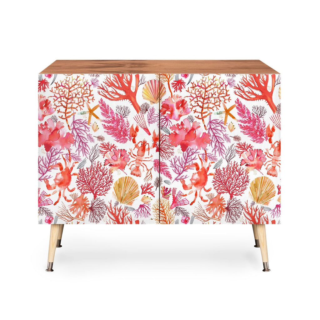 Ninola Design Botanic Retreat Coral Reef Crab Lobster Red Credenza